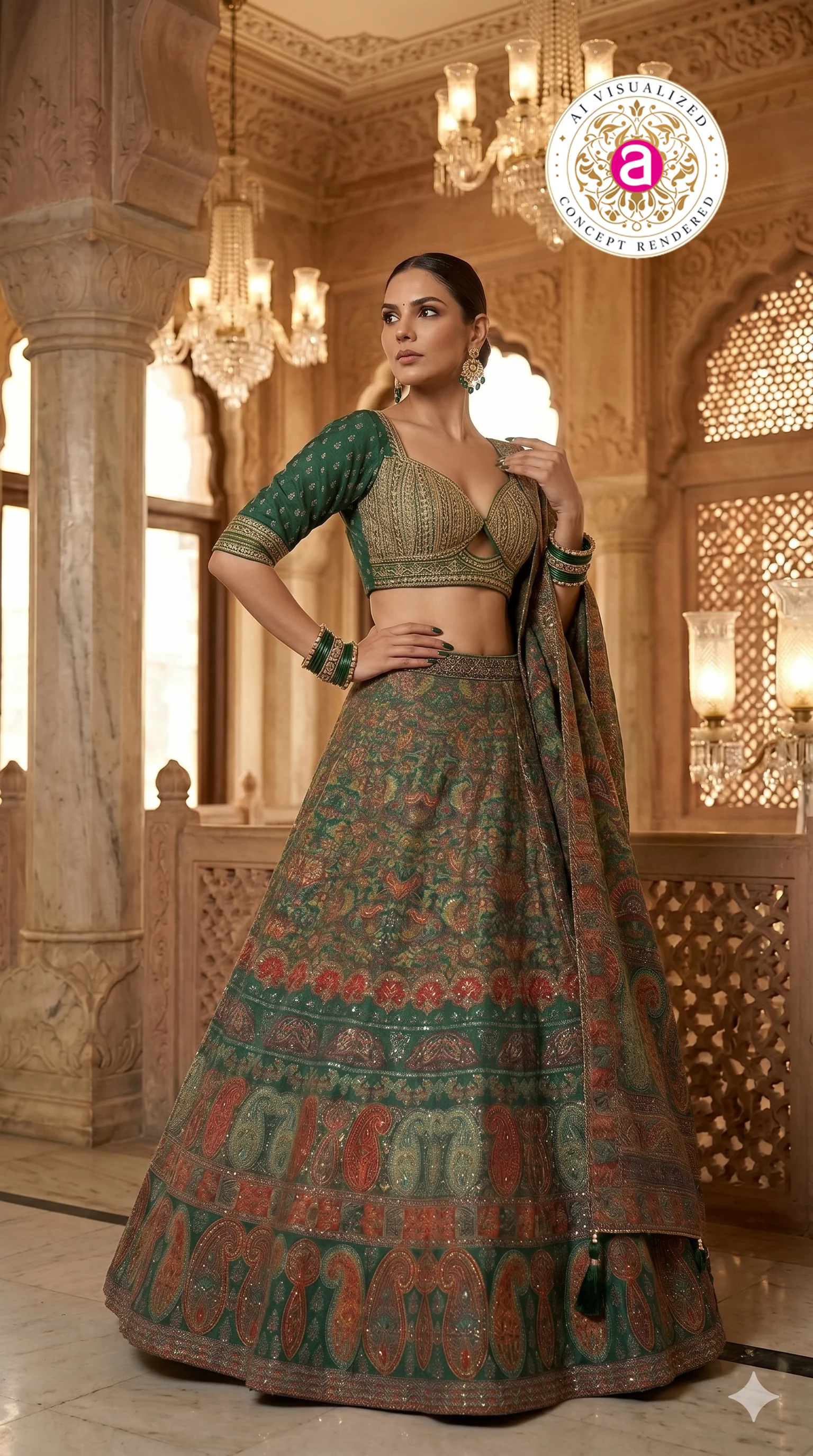 Emerald Green Paisley Printed Designer Lehenga Set with Embellished Blouse & Dupatta - Image 3