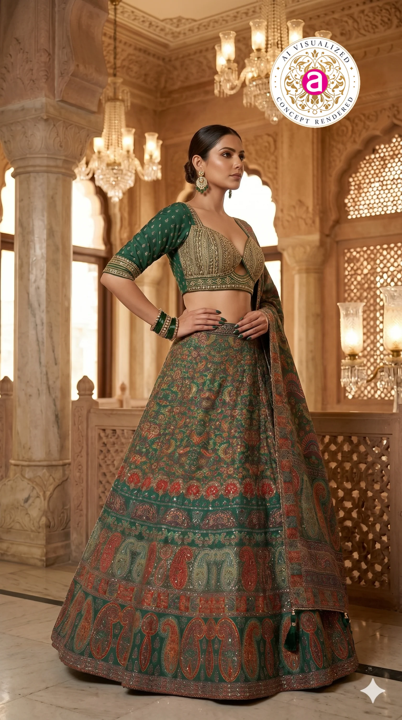 Emerald Green Paisley Printed Designer Lehenga Set with Embellished Blouse & Dupatta - Image 4