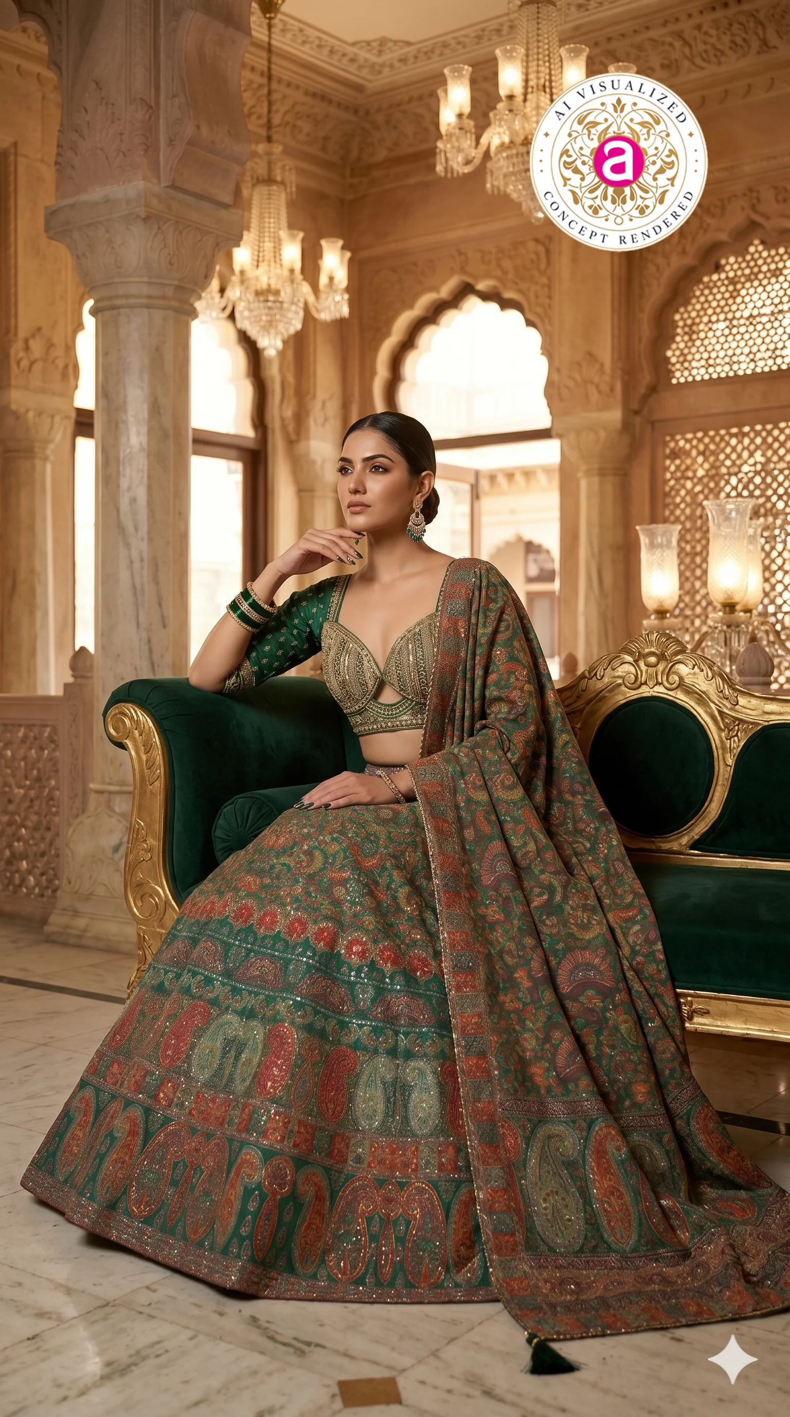 Emerald Green Paisley Printed Designer Lehenga Set with Embellished Blouse & Dupatta - Image 5