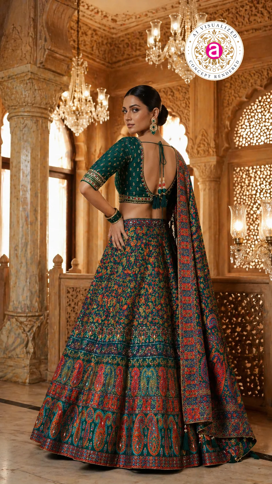 Emerald Green Paisley Printed Designer Lehenga Set with Embellished Blouse & Dupatta - Image 6