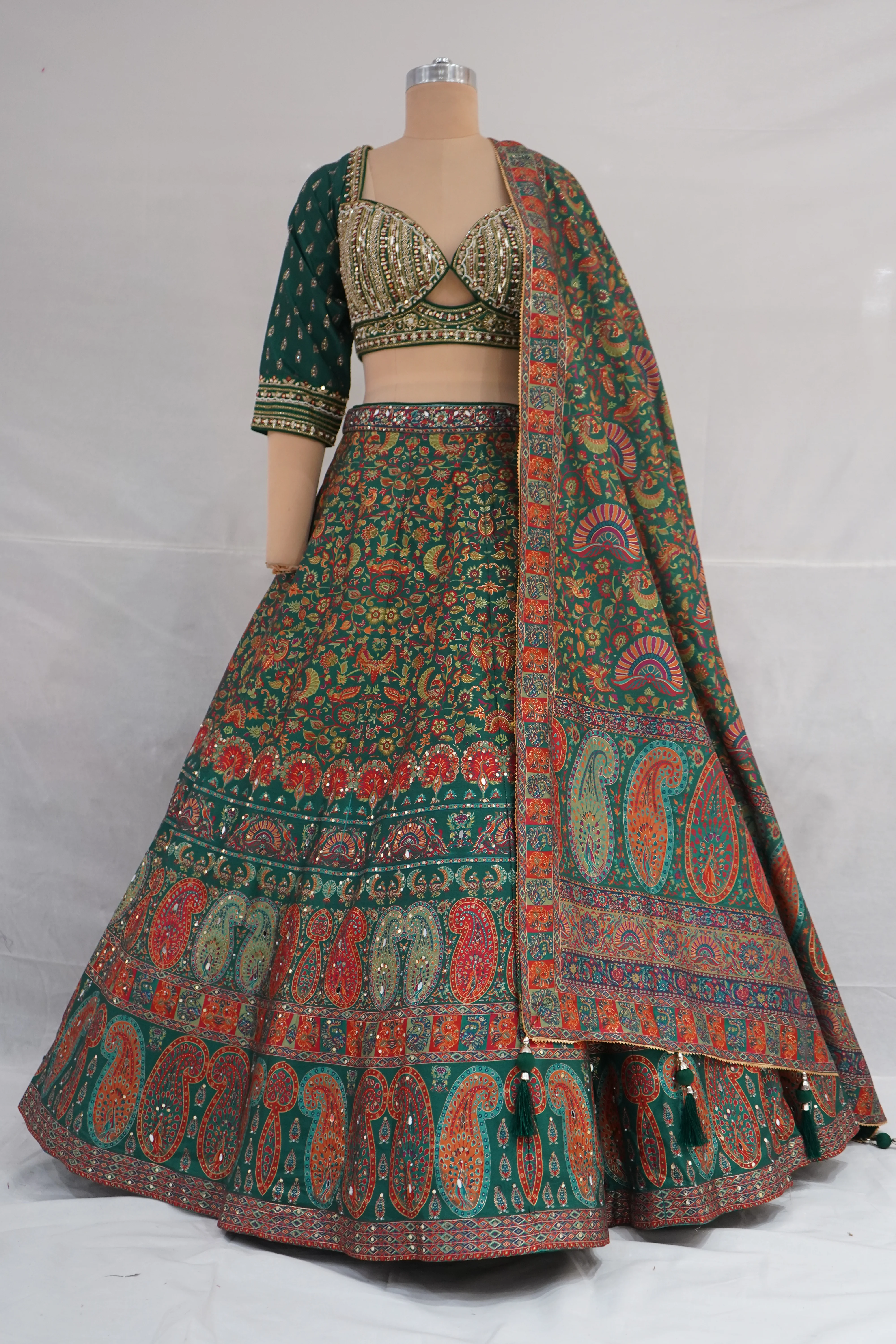 Emerald Green Paisley Printed Designer Lehenga Set with Embellished Blouse & Dupatta - Image 7