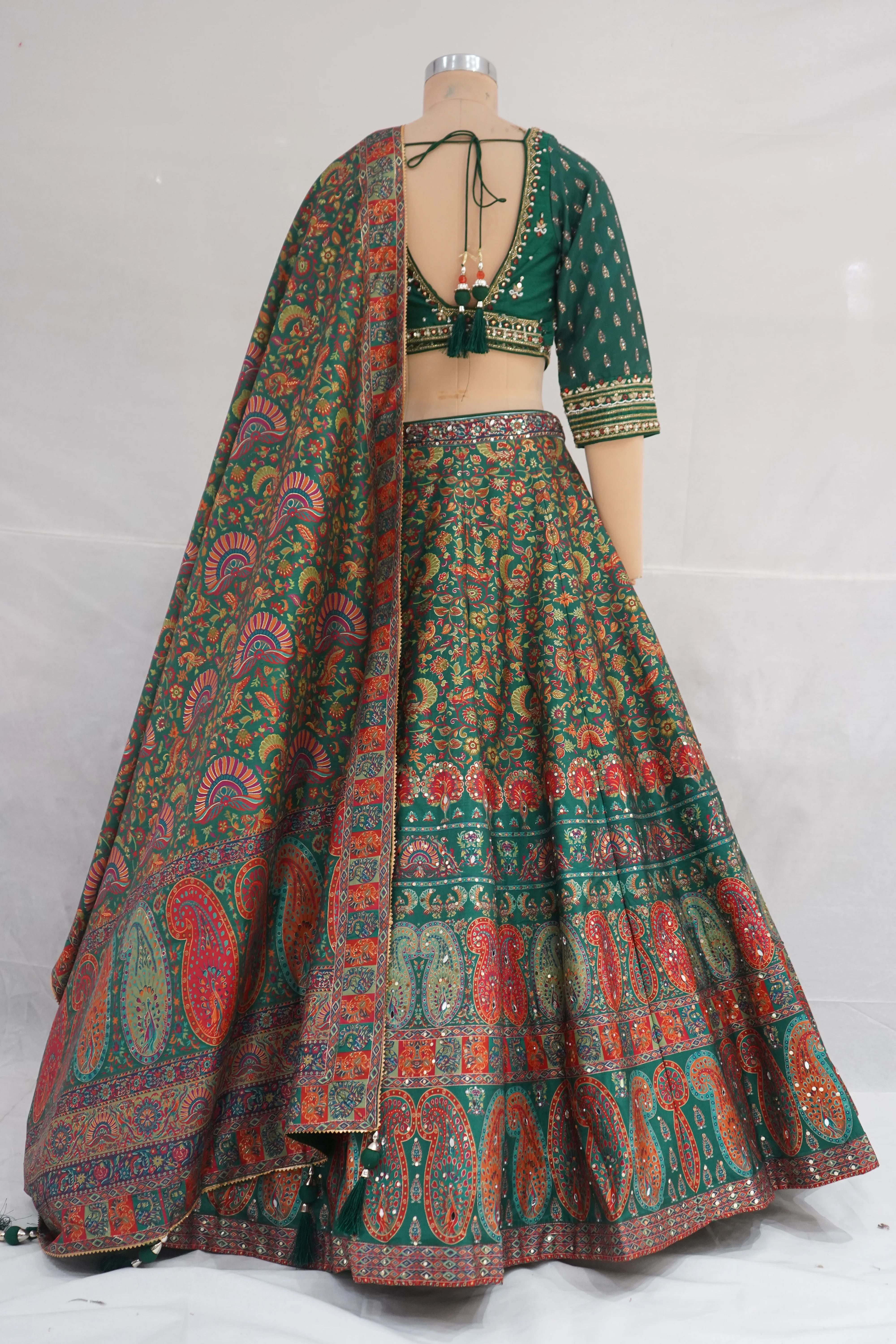 Emerald Green Paisley Printed Designer Lehenga Set with Embellished Blouse & Dupatta - Image 8
