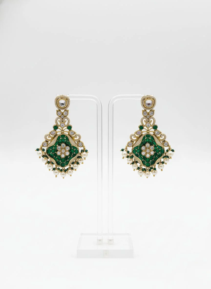 Emerald Green & Pearl Kundan Bridal Necklace Set with Heavy Statement Earrings - Image 2