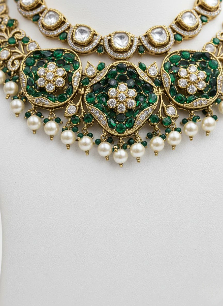 Emerald Green & Pearl Kundan Bridal Necklace Set with Heavy Statement Earrings - Image 3