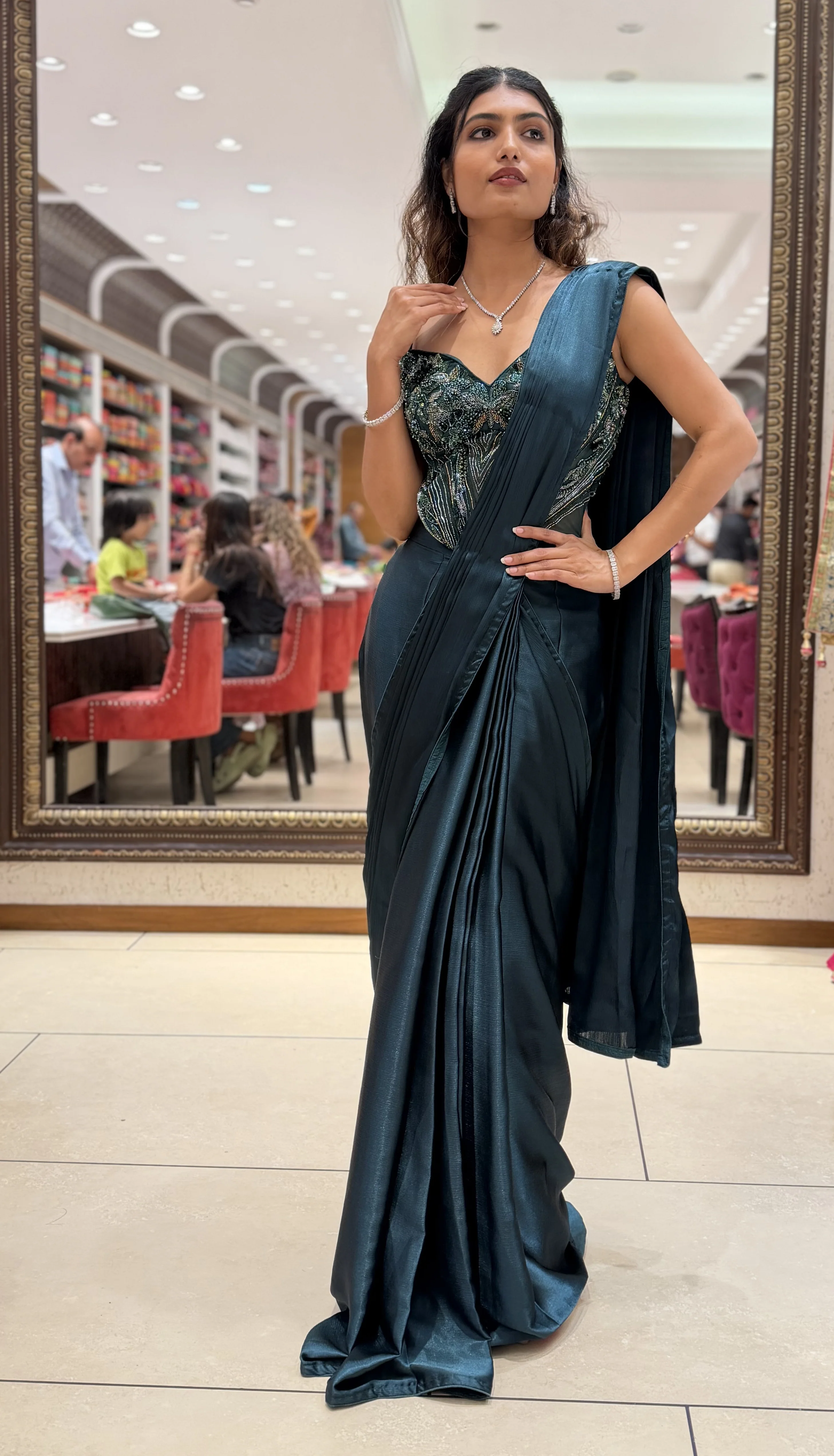 Emerald Green Ready-to-Wear Saree with Embellished Corset Blouse - Image 3