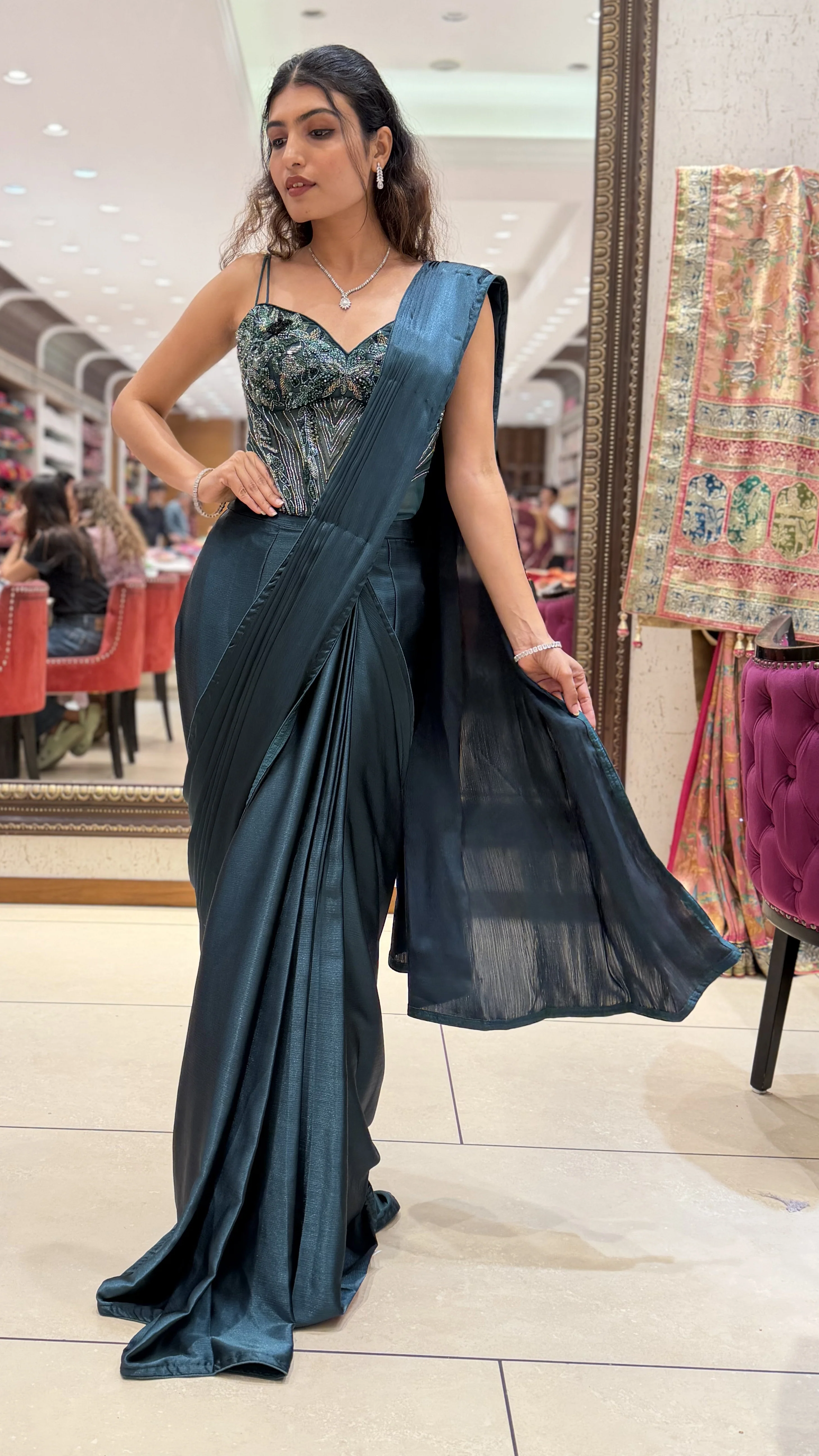 Emerald Green Ready-to-Wear Saree with Embellished Corset Blouse - Image 4