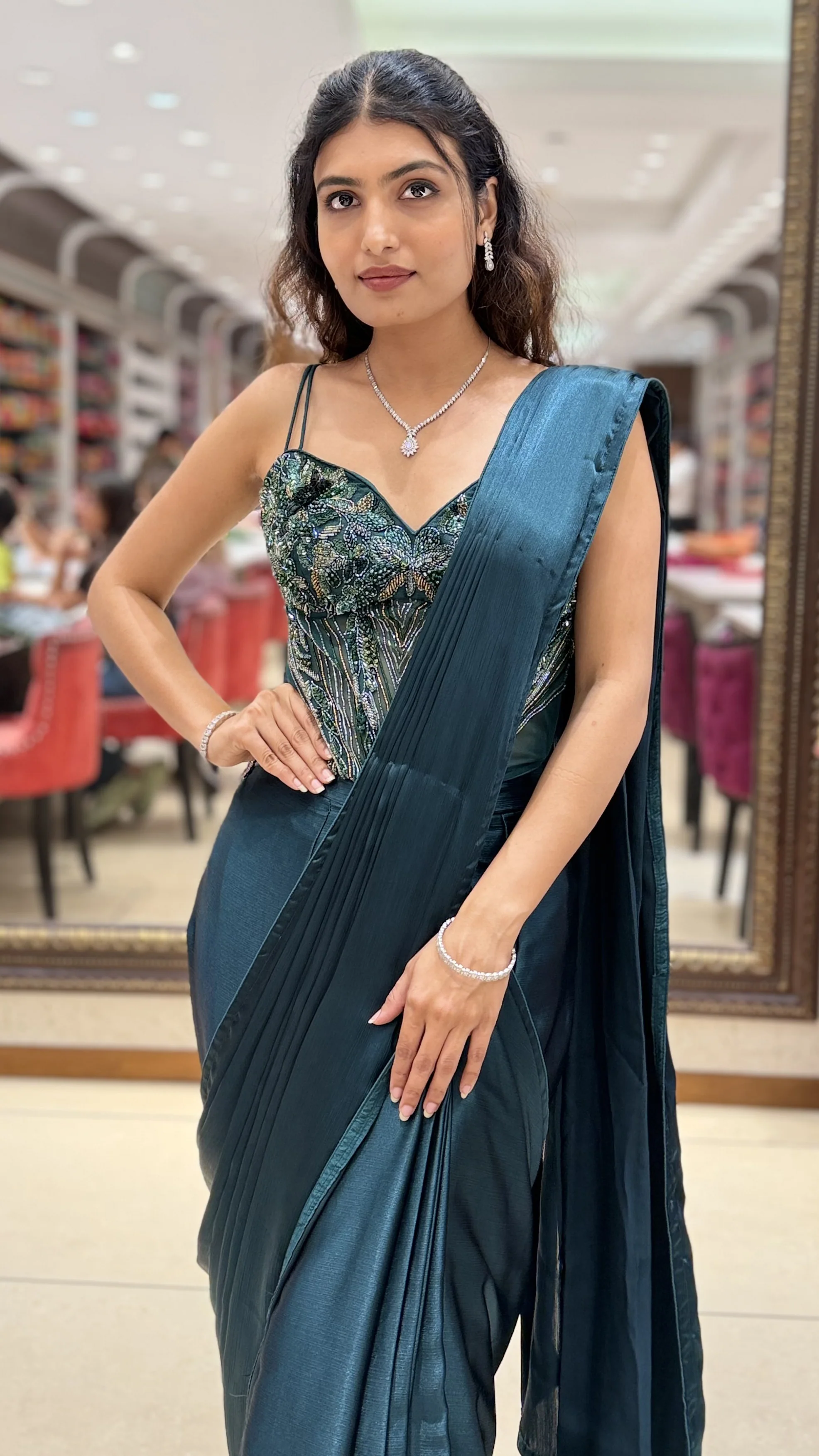 Emerald Green Ready-to-Wear Saree with Embellished Corset Blouse - Image 5