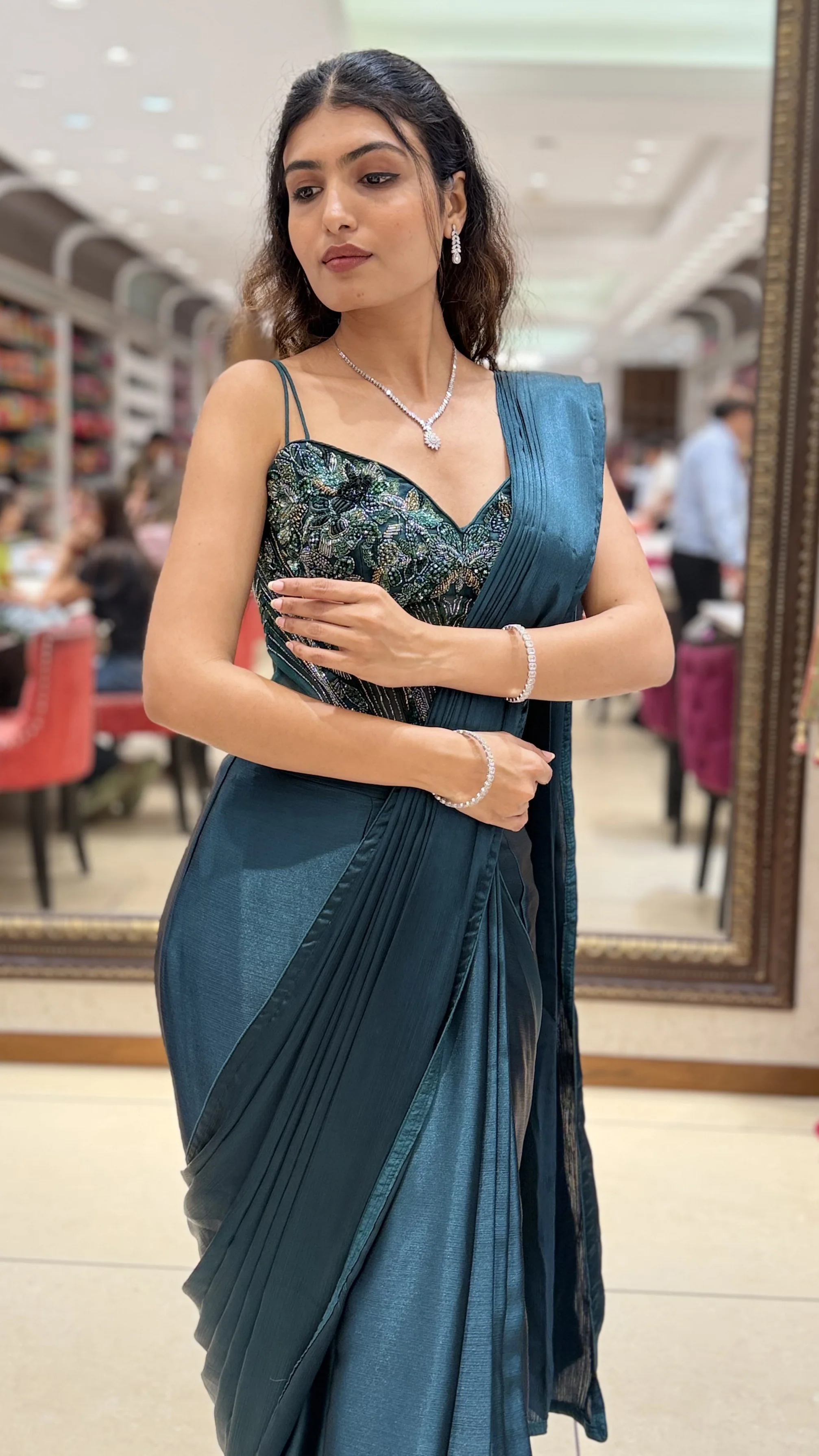 Emerald Green Ready-to-Wear Saree with Embellished Corset Blouse - Image 6