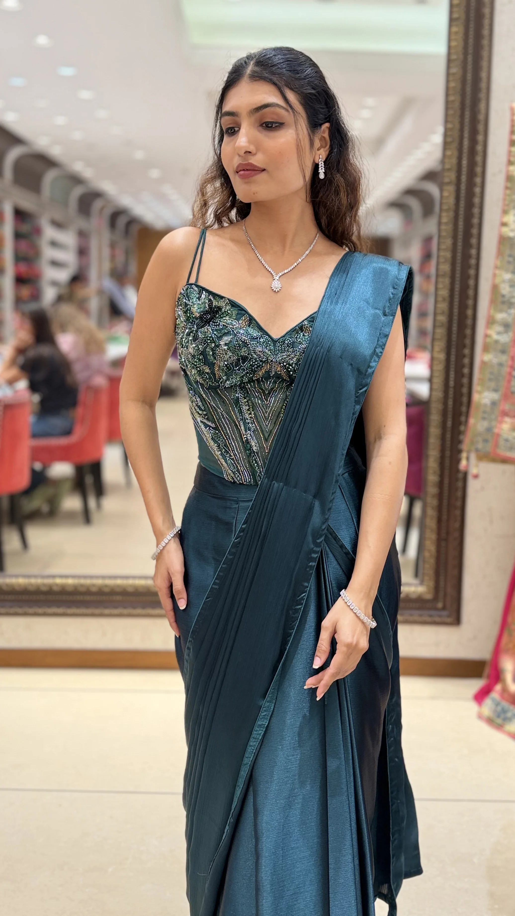 Emerald Green Ready-to-Wear Saree with Embellished Corset Blouse - Image 7