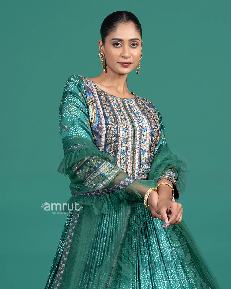Emerald Green Thread Embroidered Traditional Gown with Dupatta - Image 2