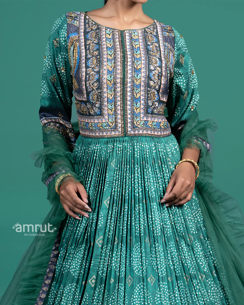 Emerald Green Thread Embroidered Traditional Gown with Dupatta - Image 3