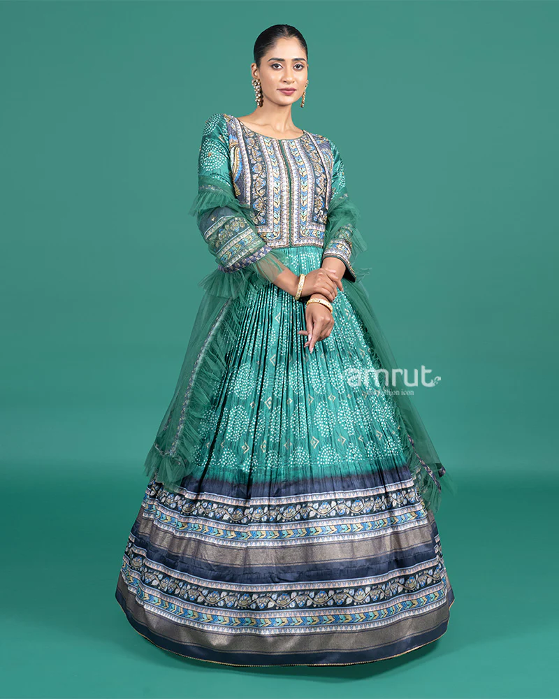 Emerald Green Thread Embroidered Traditional Gown with Dupatta - Image 4