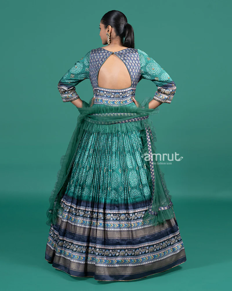 Emerald Green Thread Embroidered Traditional Gown with Dupatta - Image 5