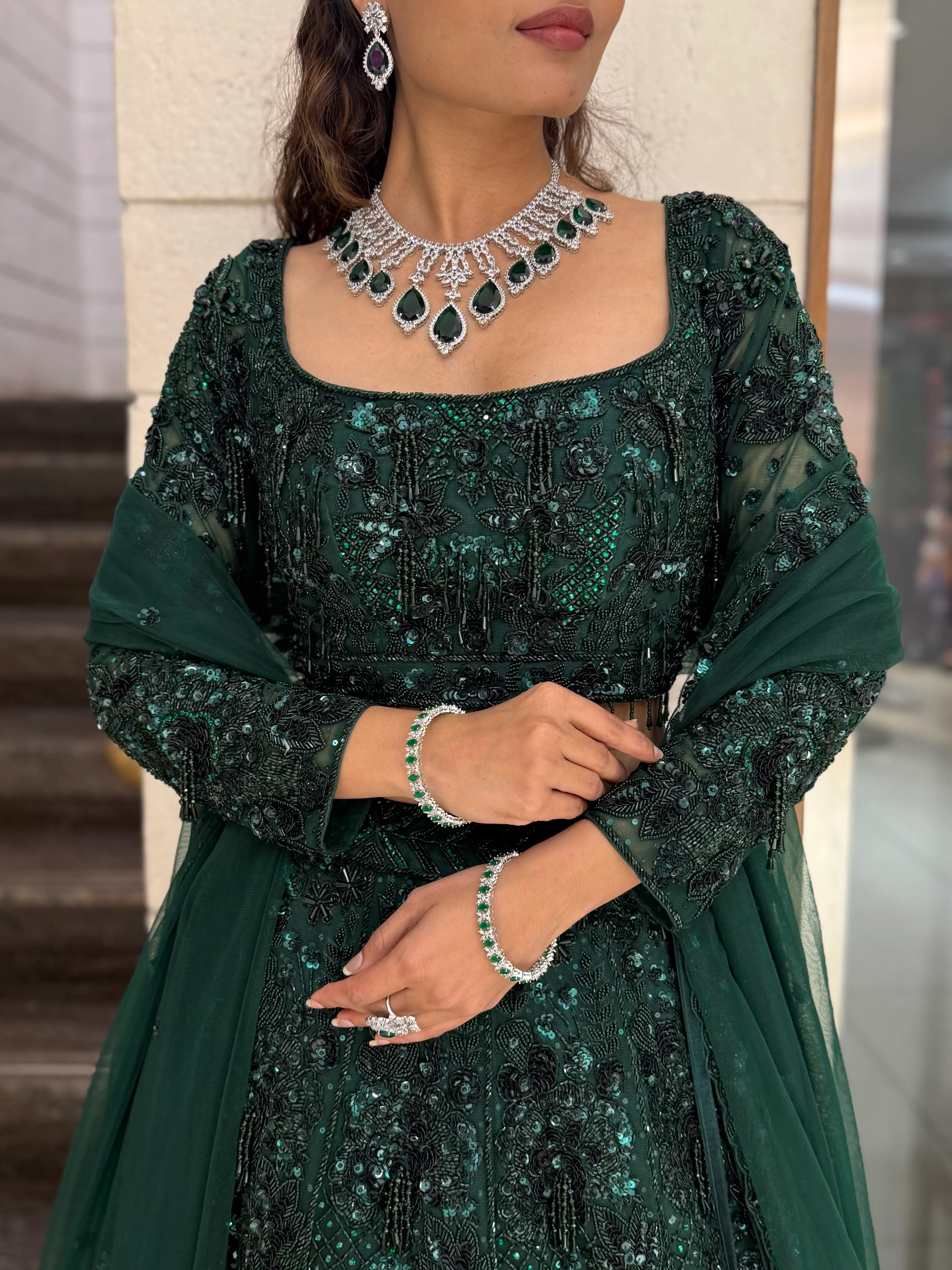 Emerald Royale Hand-Embroidered Lehenga Set with Sculpted Blouse & Soft Net Dupatta - Image 2