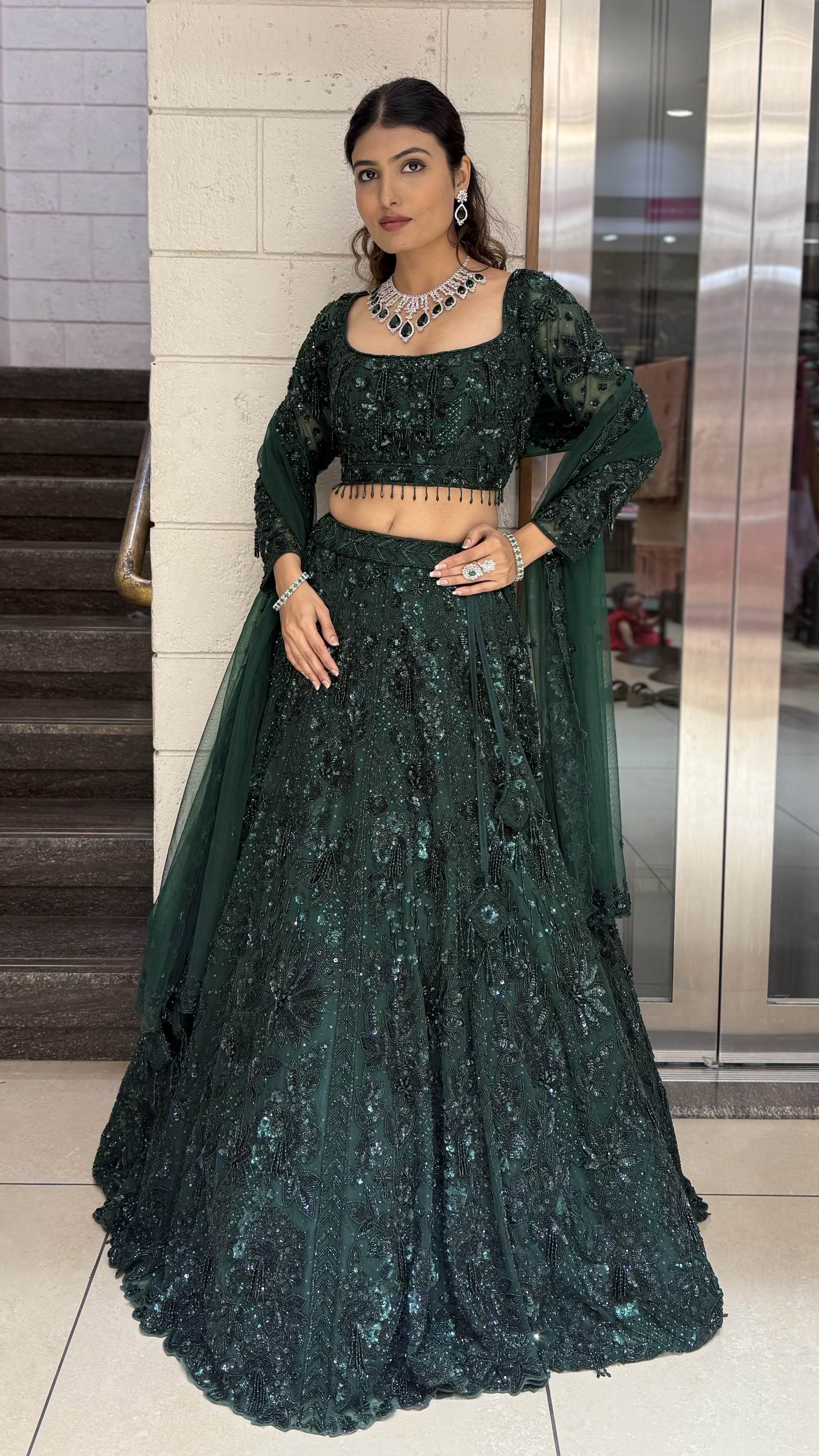 Emerald Royale Hand-Embroidered Lehenga Set with Sculpted Blouse & Soft Net Dupatta - Image 3