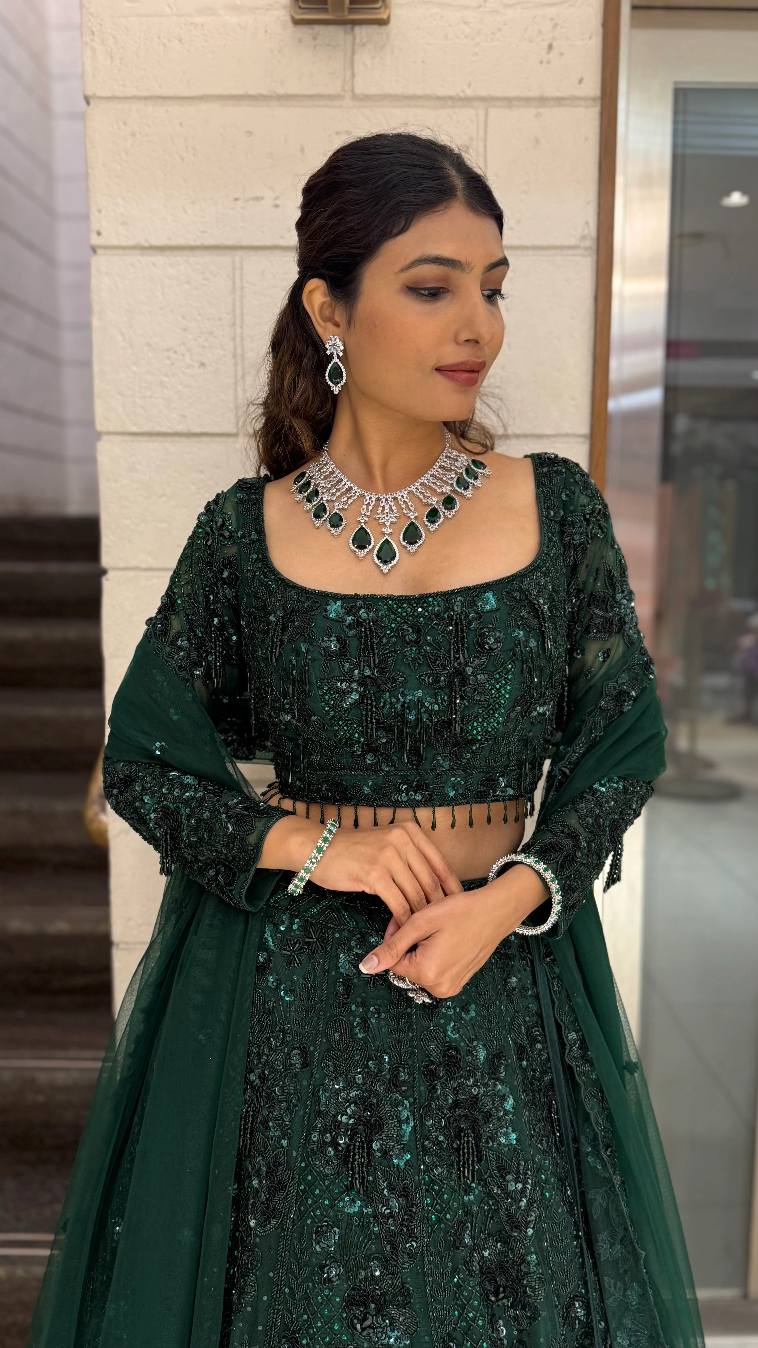 Emerald Royale Hand-Embroidered Lehenga Set with Sculpted Blouse & Soft Net Dupatta - Image 4