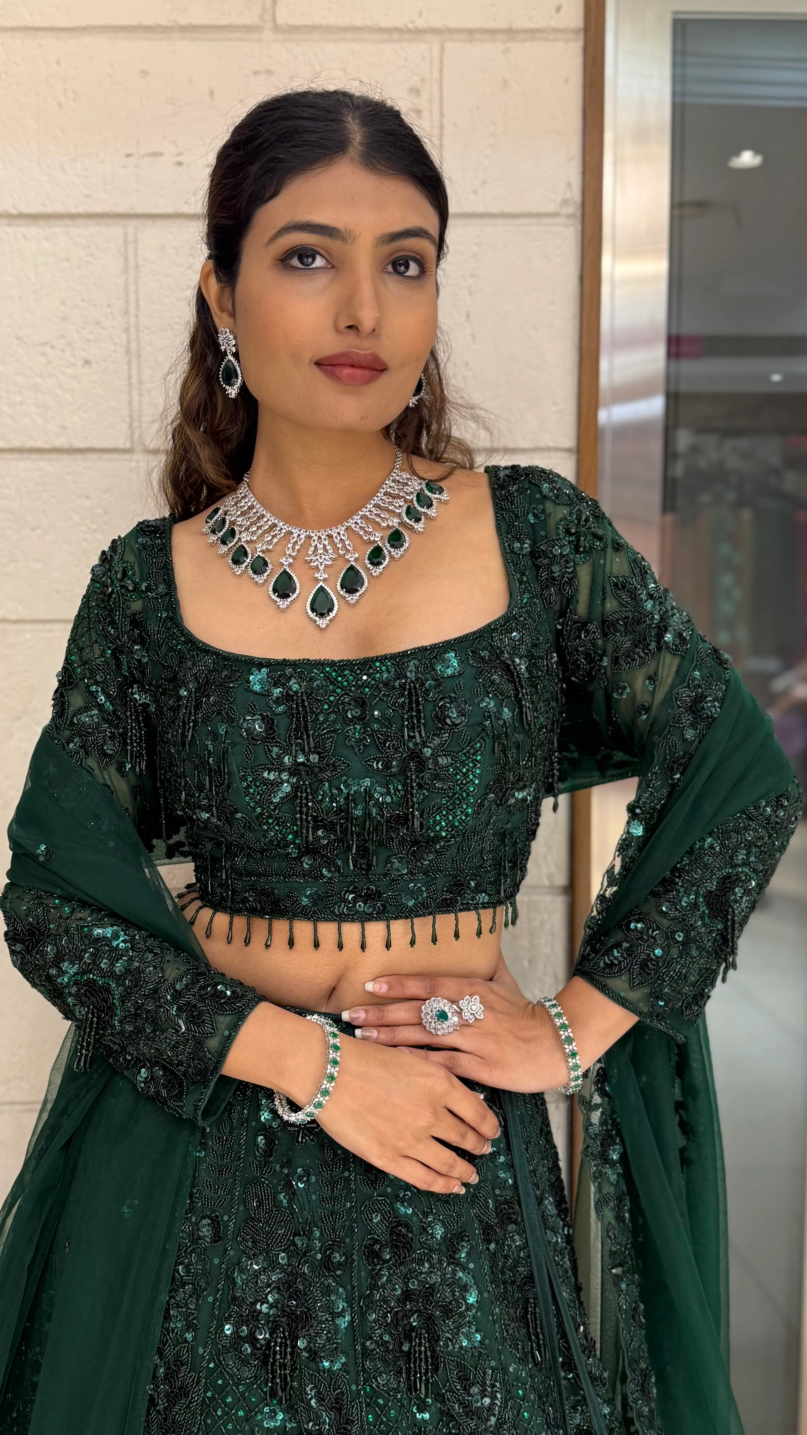 Emerald Royale Hand-Embroidered Lehenga Set with Sculpted Blouse & Soft Net Dupatta - Image 5