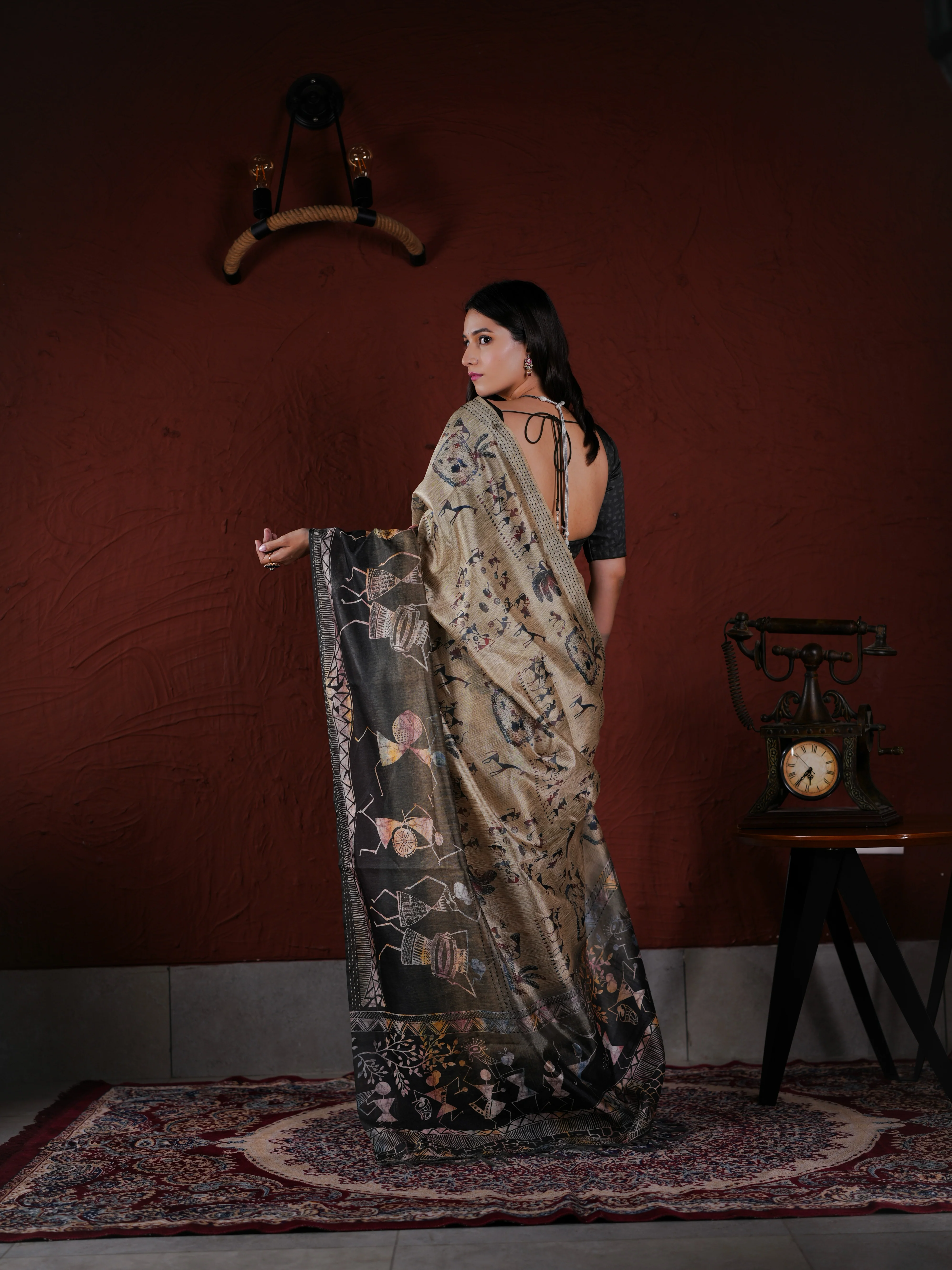 Ethnic Warli Print Saree in Khadi Style PV Cotton with Unstitched Blouse - Image 4