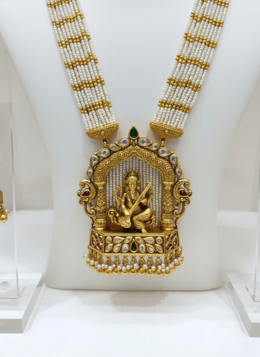 Exquisite Gold & Kundan Necklace Set with Goddess Saraswati Pendant and Coordinating Earrings - Image 2