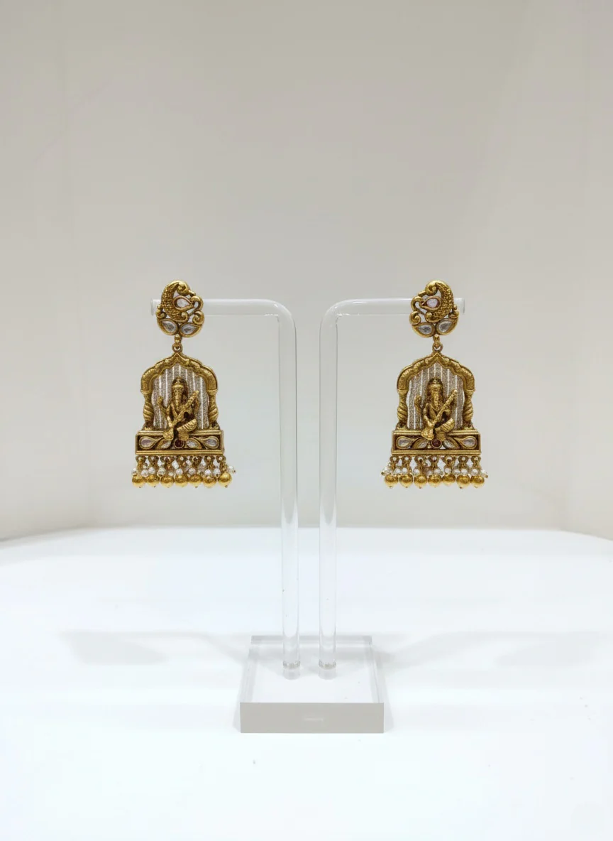 Exquisite Gold & Kundan Necklace Set with Goddess Saraswati Pendant and Coordinating Earrings - Image 3