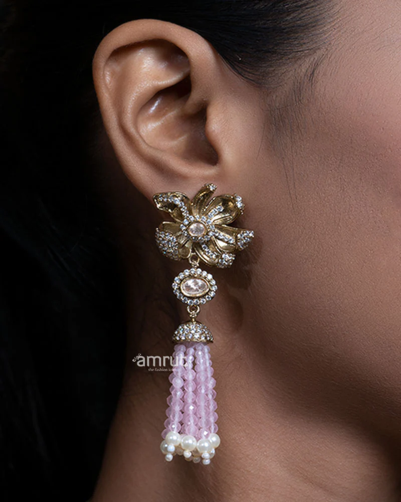 Floral Kundan in Gold and Pink Tassel Choker Necklace - Image 2