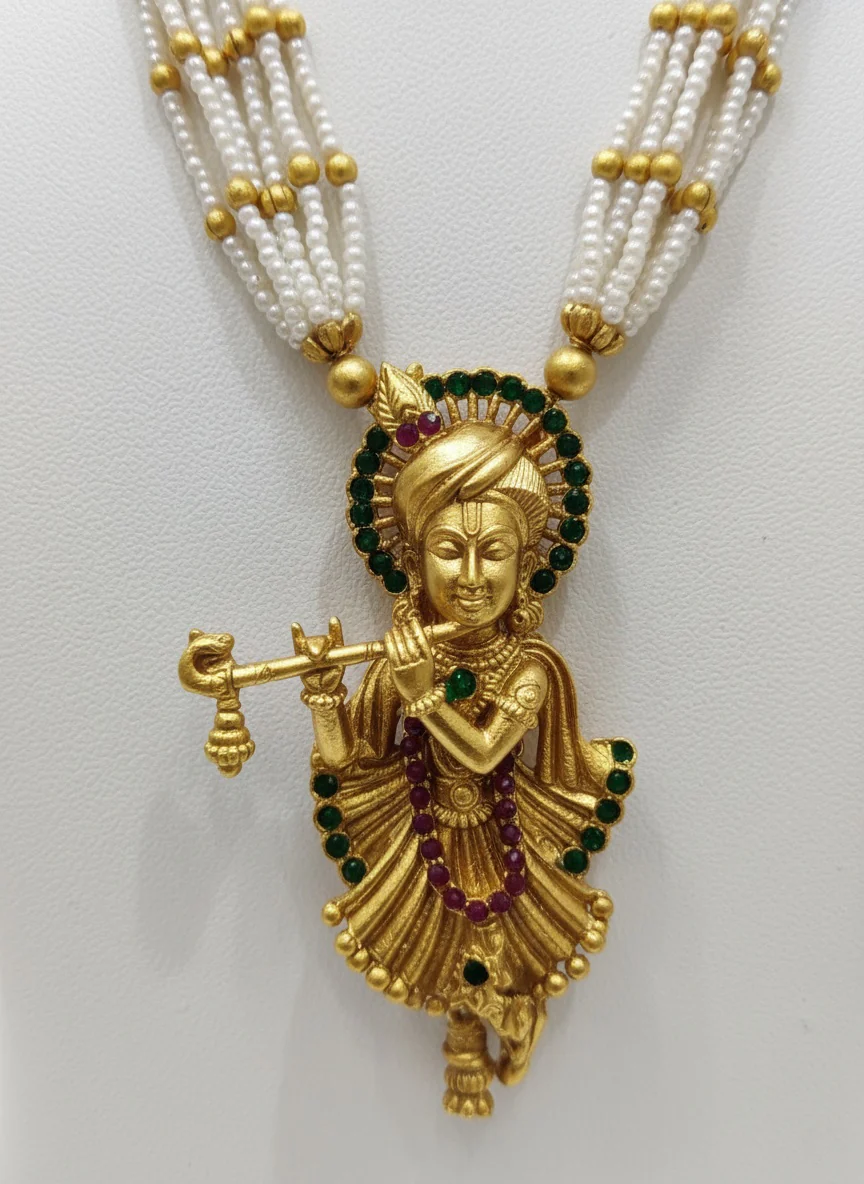 Flute-Playing Krishna Antique Gold and Pearl Set - Image 2