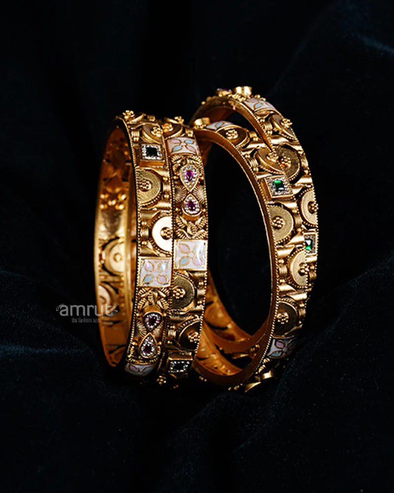 Four Gold Toned Bangles Set with Colorful Gemstones and Enamel Detailing - Image 2