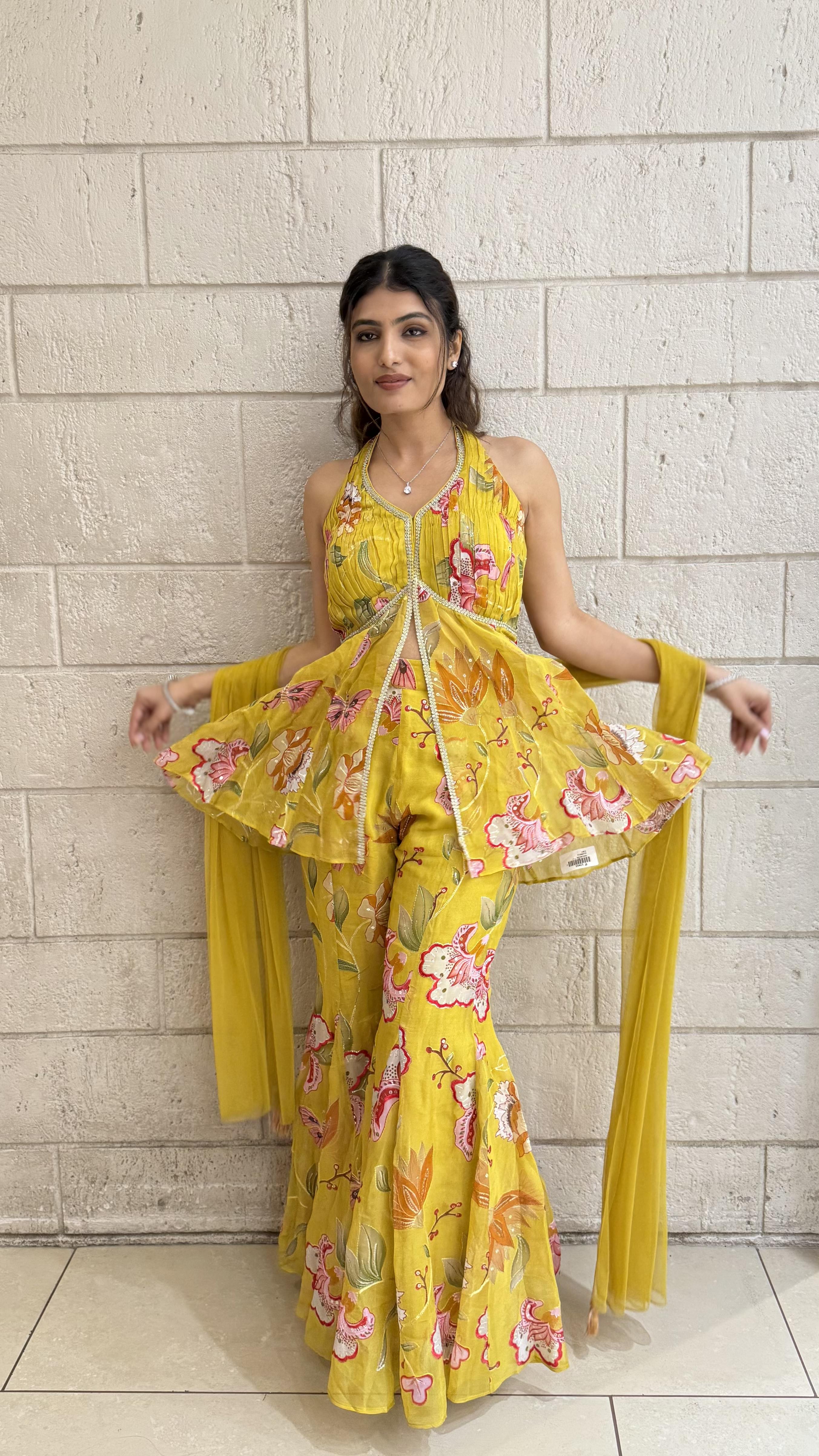 Designer Fuchsia Peplum & Palazzo Set with Multicolor Floral - Image 12