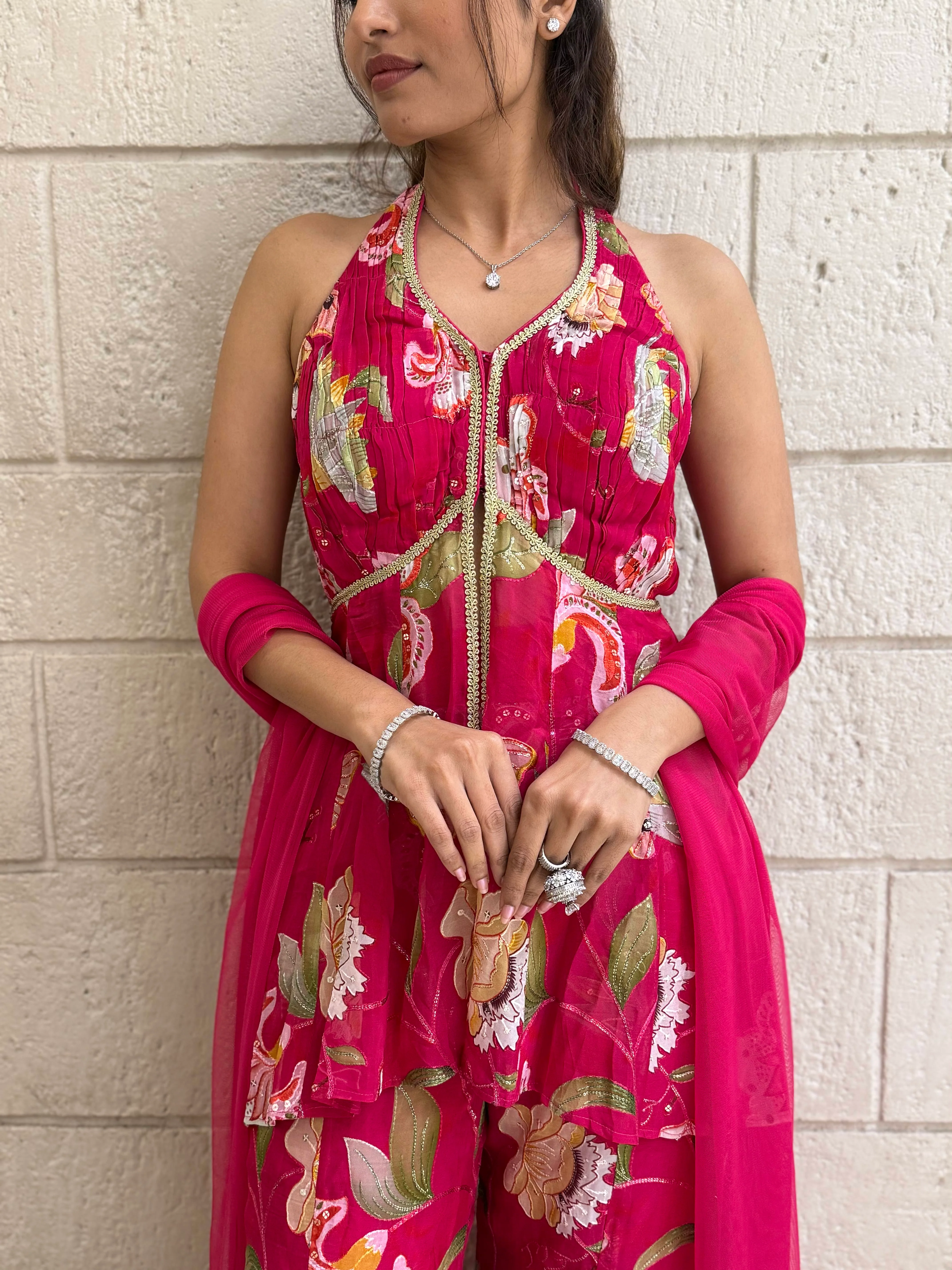 Designer Fuchsia Peplum & Palazzo Set with Multicolor Floral - Image 13