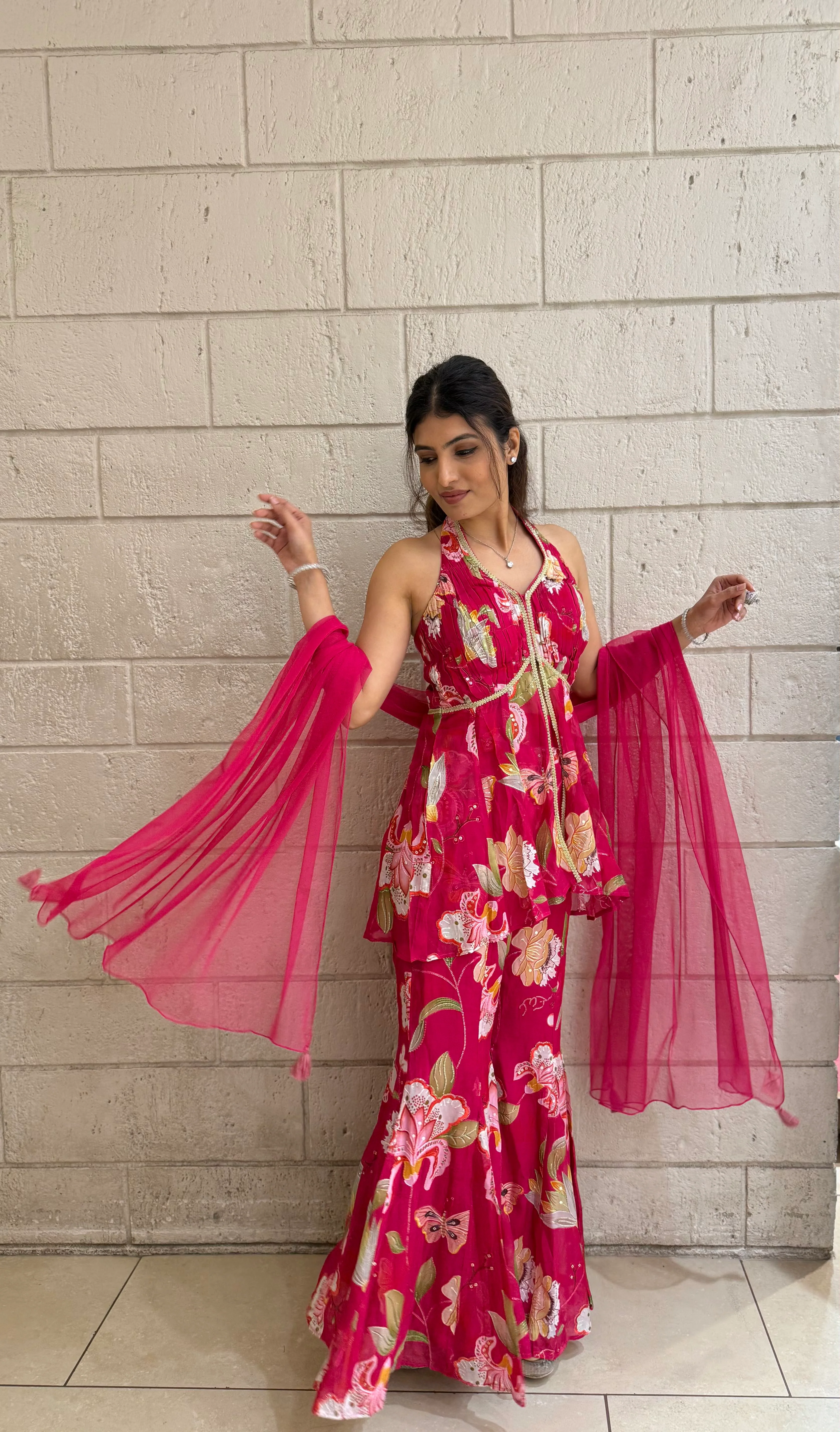 Designer Fuchsia Peplum & Palazzo Set with Multicolor Floral - Image 17