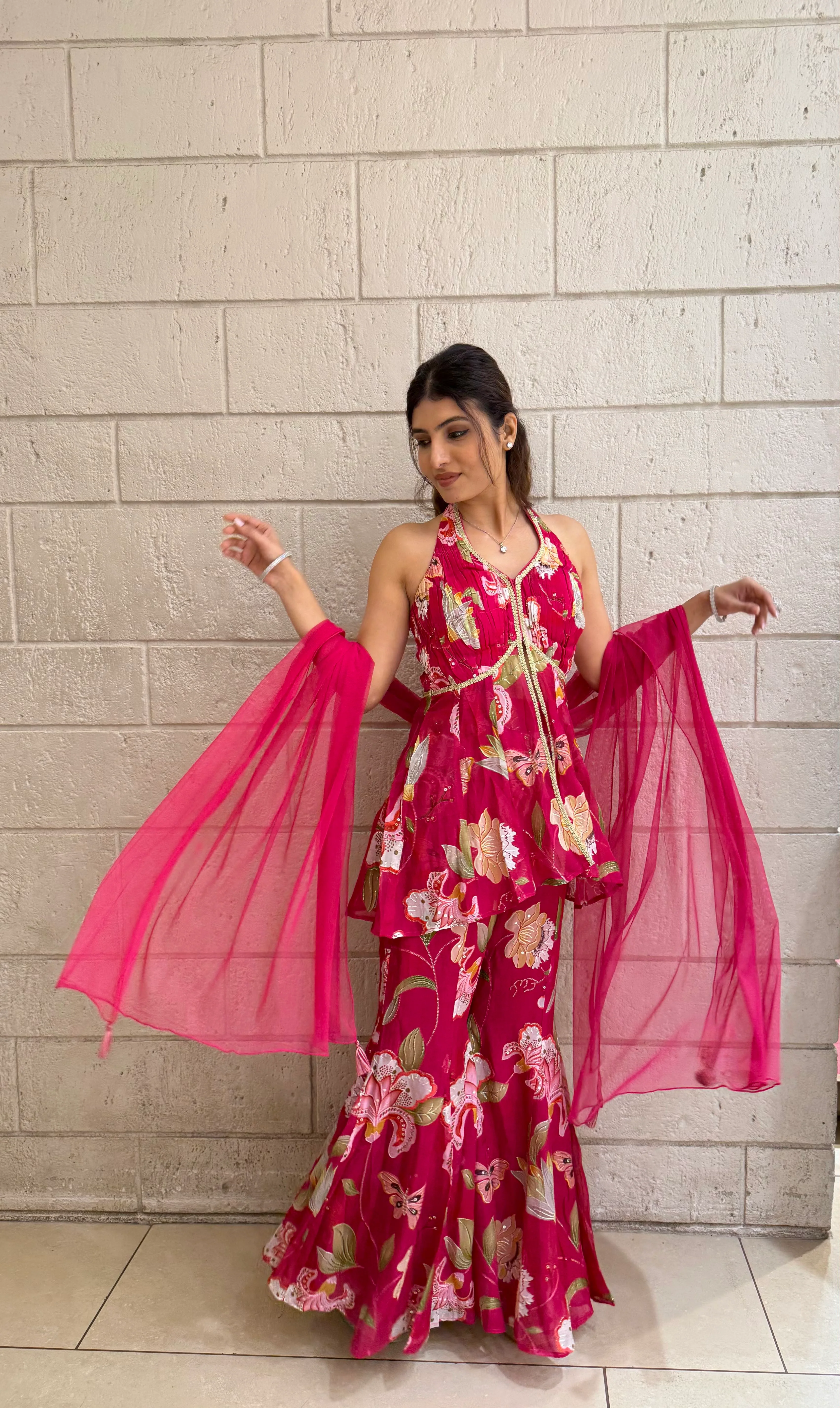 Designer Fuchsia Peplum & Palazzo Set with Multicolor Floral - Image 4