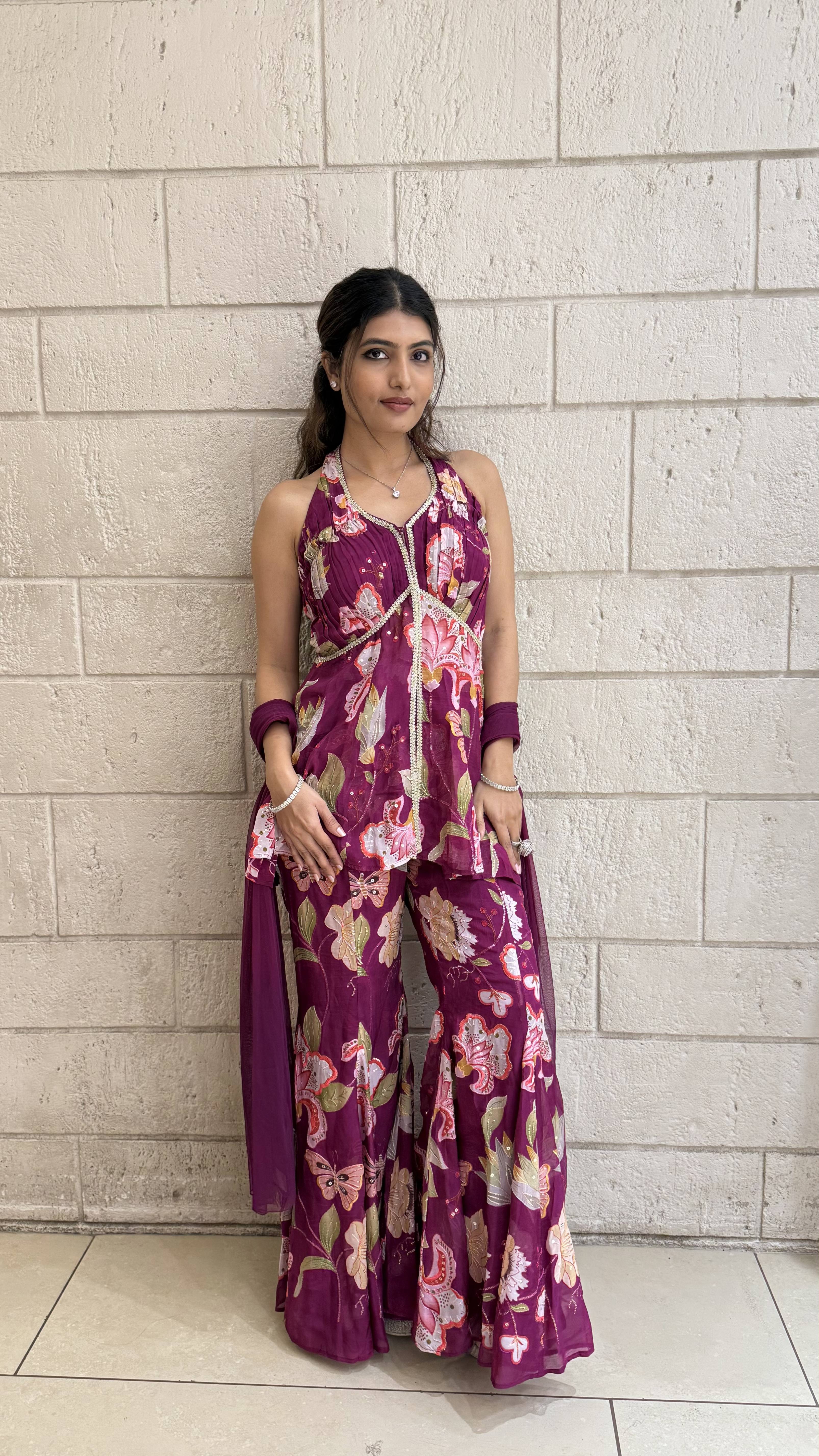 Designer Fuchsia Peplum & Palazzo Set with Multicolor Floral - Image 5