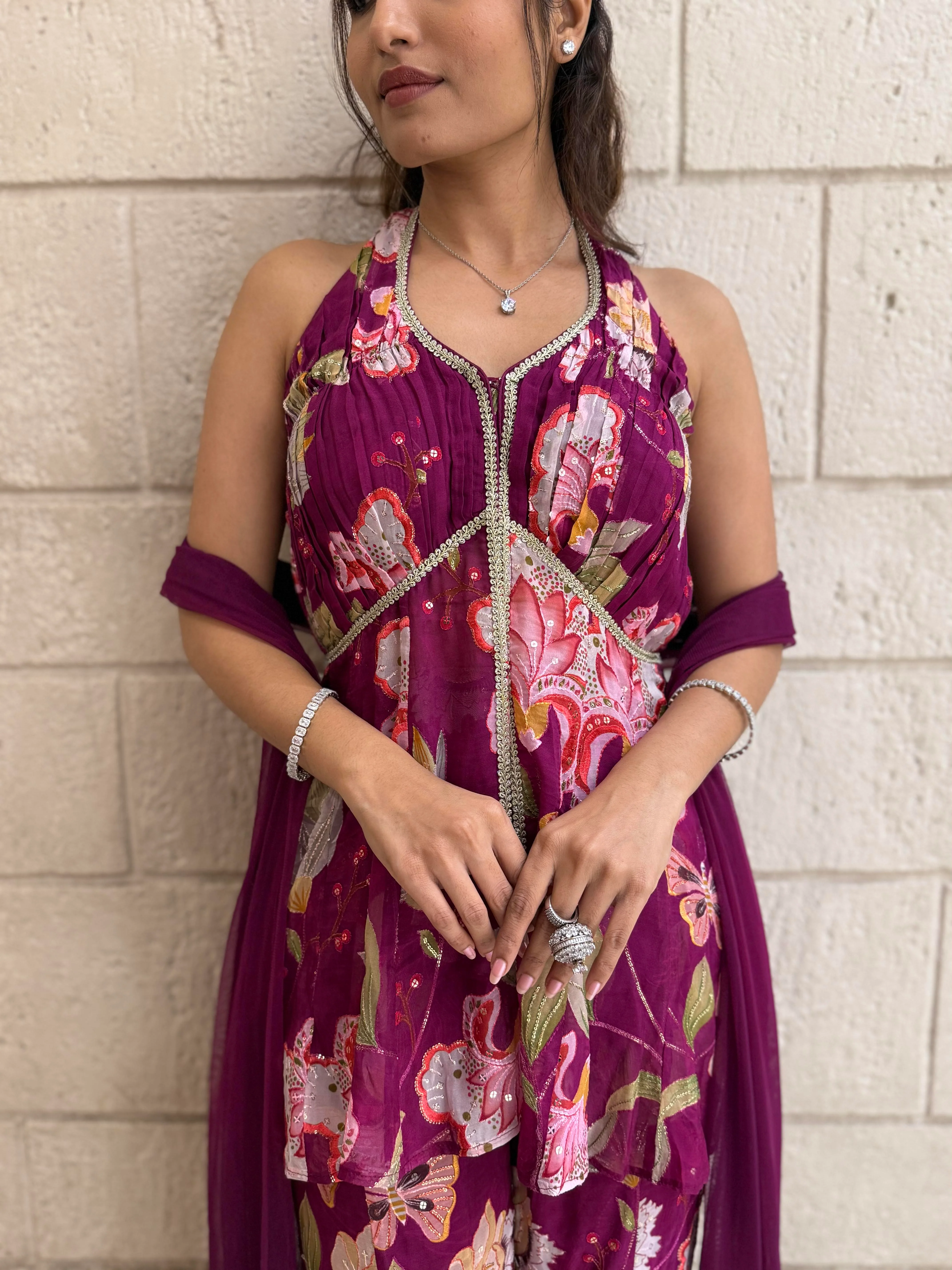 Designer Fuchsia Peplum & Palazzo Set with Multicolor Floral - Image 6