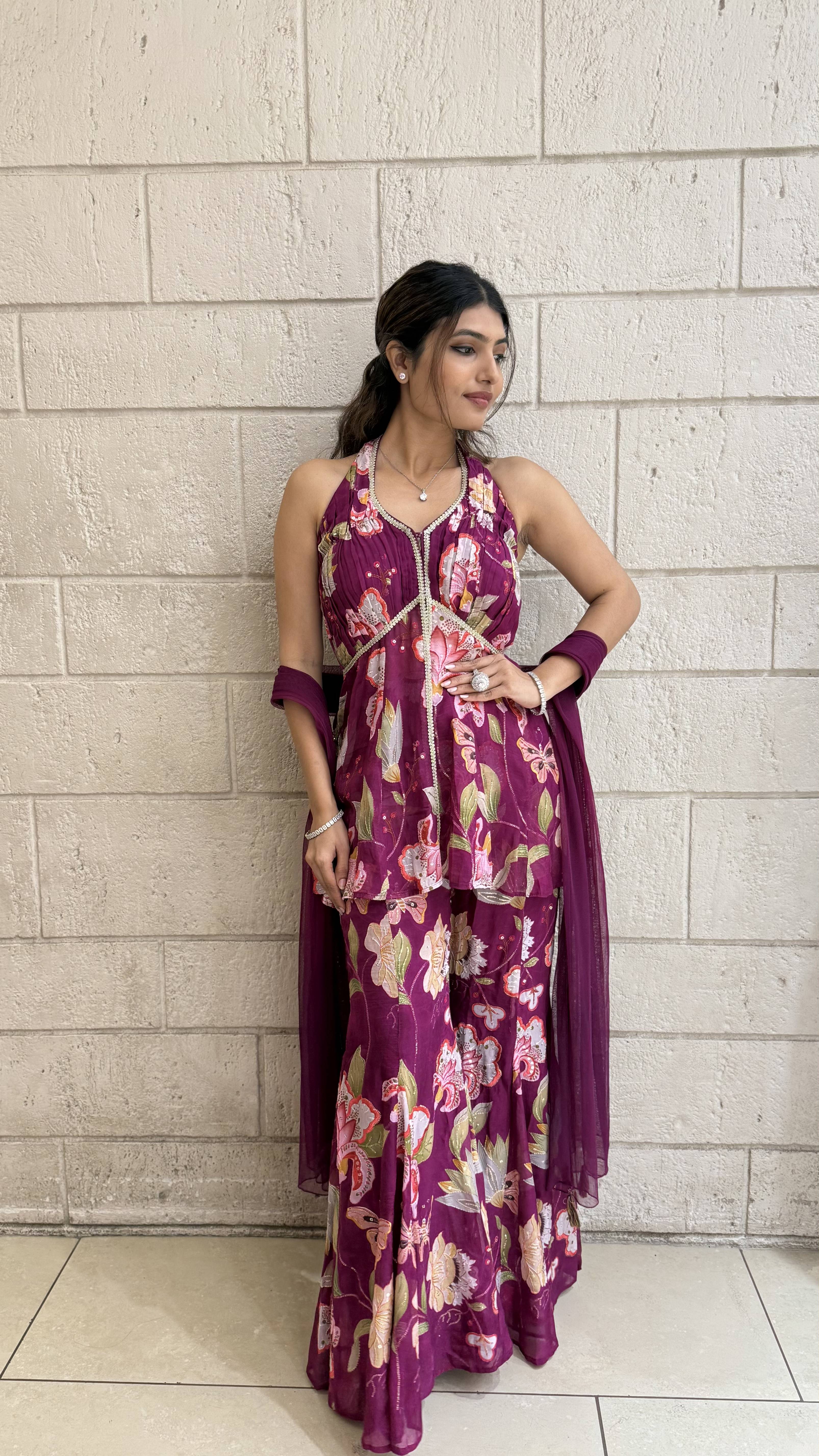 Designer Fuchsia Peplum & Palazzo Set with Multicolor Floral - Image 8
