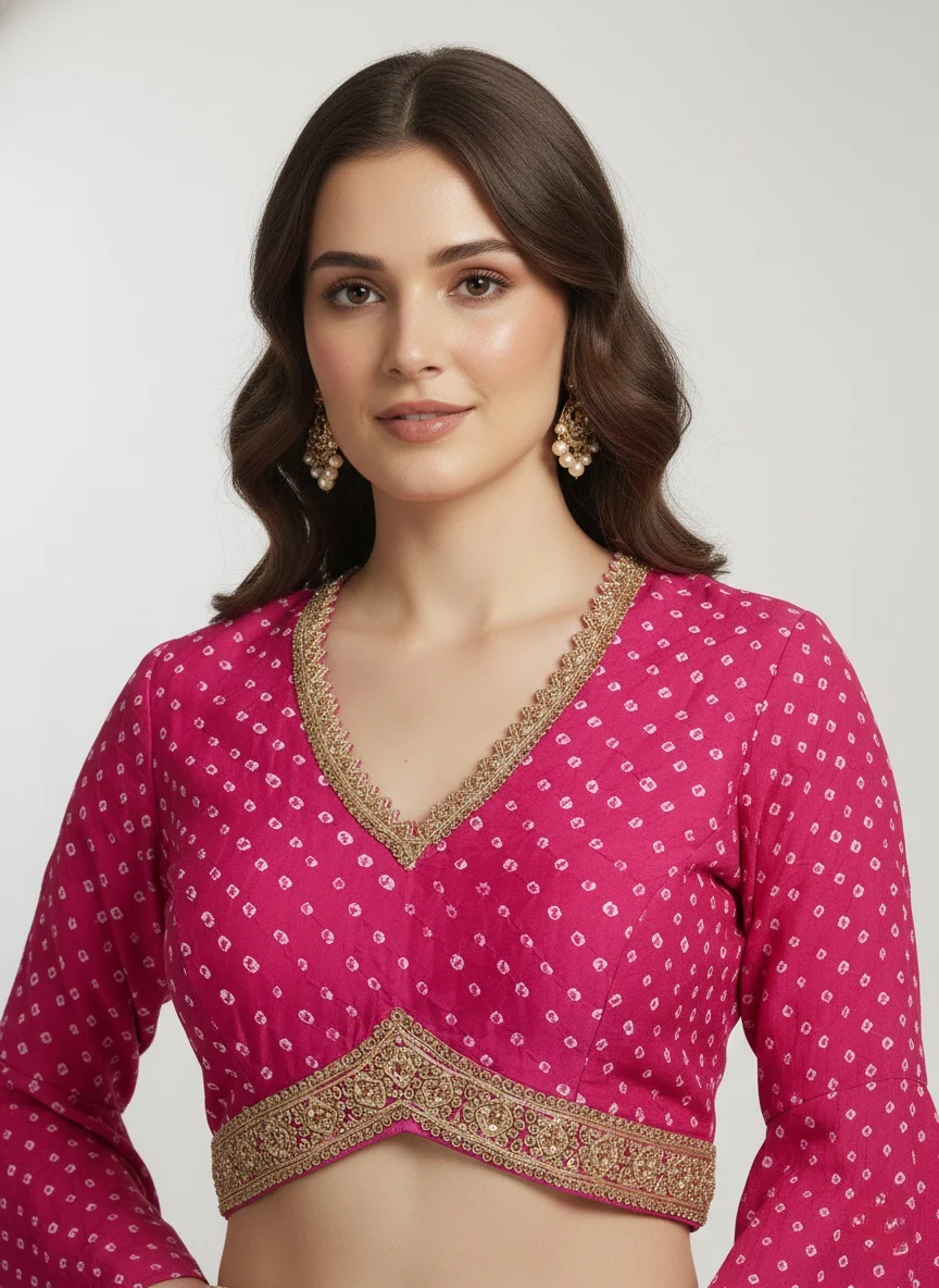 Fuchsia Pink Polka Dot Blouse with Ivory Draped Palazzo Skirt - Image 2