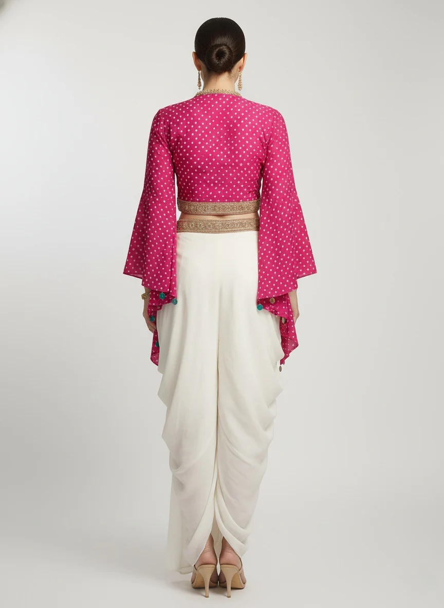 Fuchsia Pink Polka Dot Blouse with Ivory Draped Palazzo Skirt - Image 3