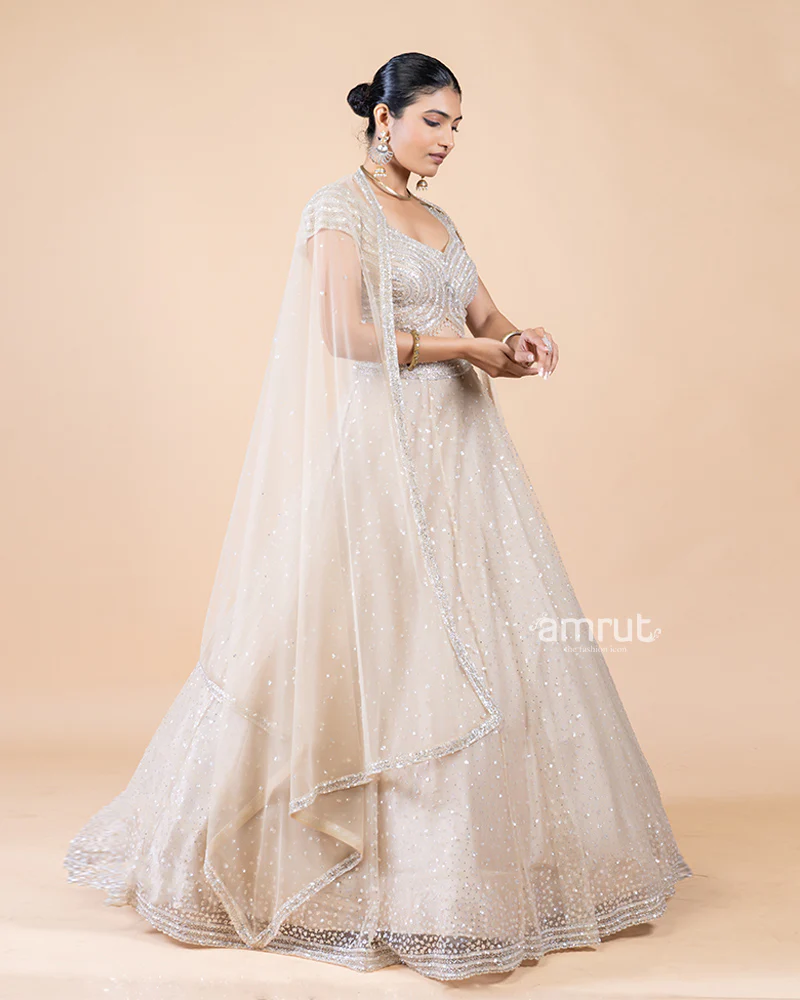 Fully Embellished Beige Net Lehenga Choli with Dupatta - Image 3