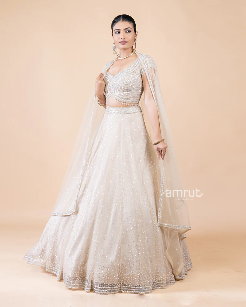 Fully Embellished Beige Net Lehenga Choli with Dupatta - Image 4