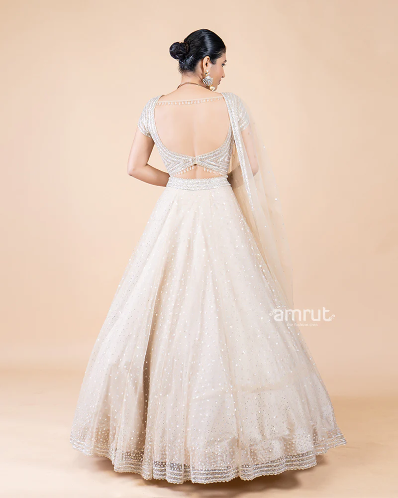 Fully Embellished Beige Net Lehenga Choli with Dupatta - Image 5