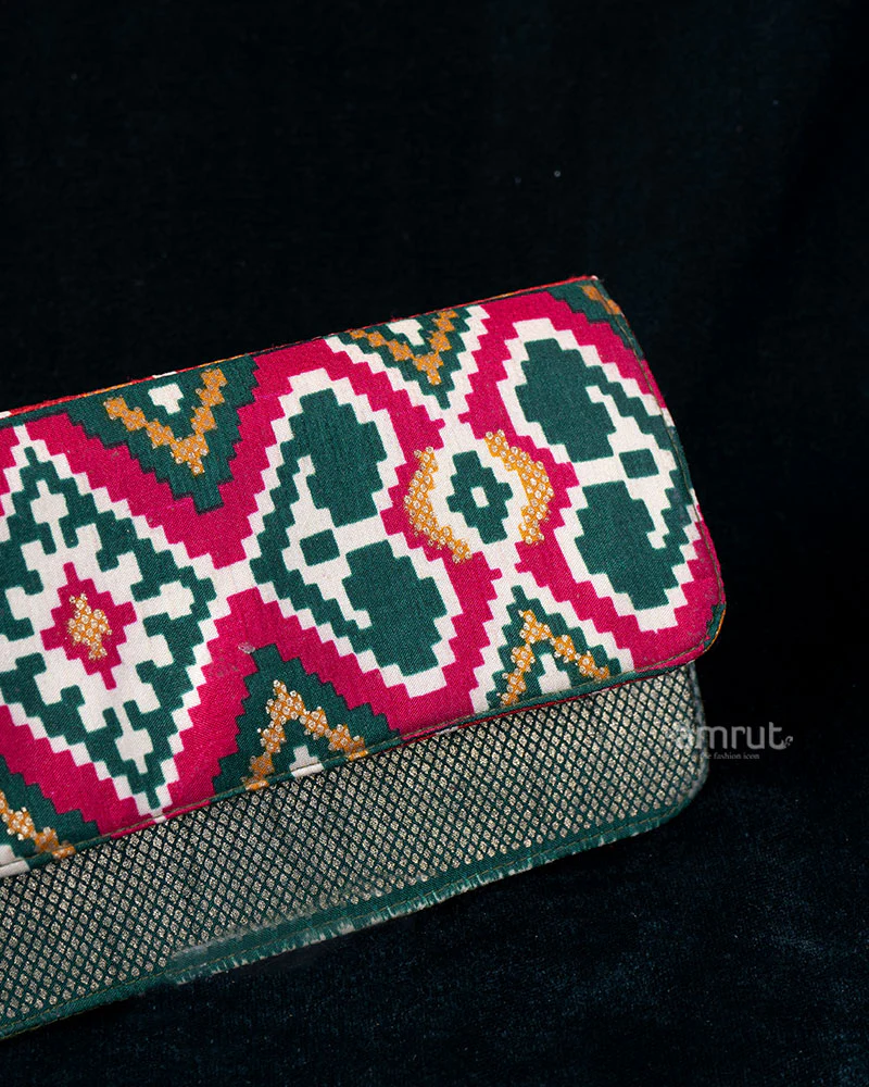 Geometric Embroidered Clutch with Gold Accents & Taupe Border - Image 2