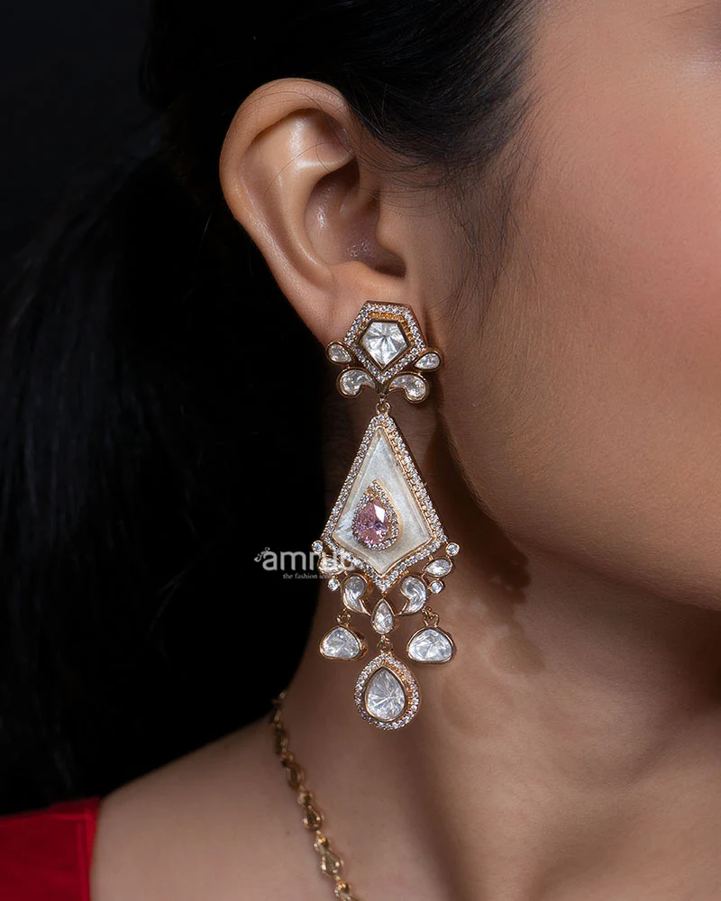 Gold and Pink Kundan Pendant  Necklace Set with Matching Earrings - Image 2
