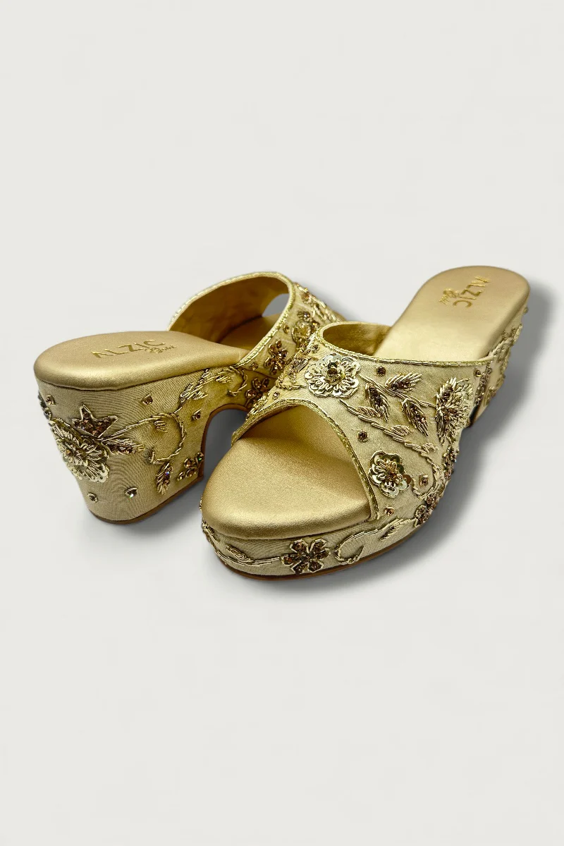 Gold Embroidered Designer Wedge Heels – Bridal & Festive Footwear - Image 3