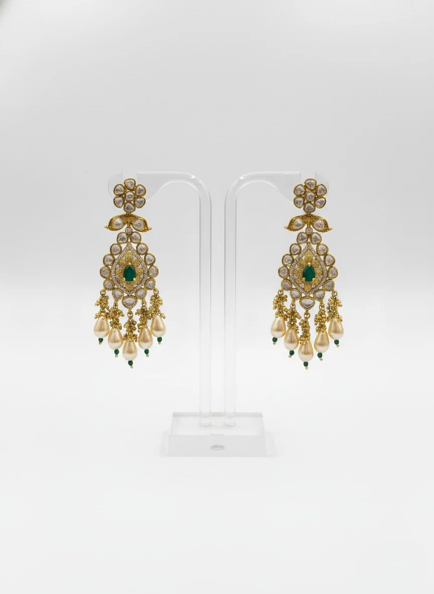 Gold & Emerald Kundan Bridal Necklace Set with Pearl Drop Earrings - Image 2