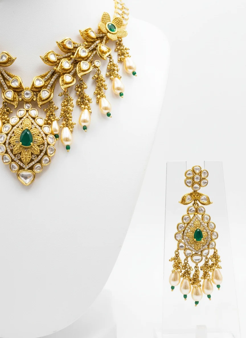 Gold & Emerald Kundan Bridal Necklace Set with Pearl Drop Earrings - Image 3