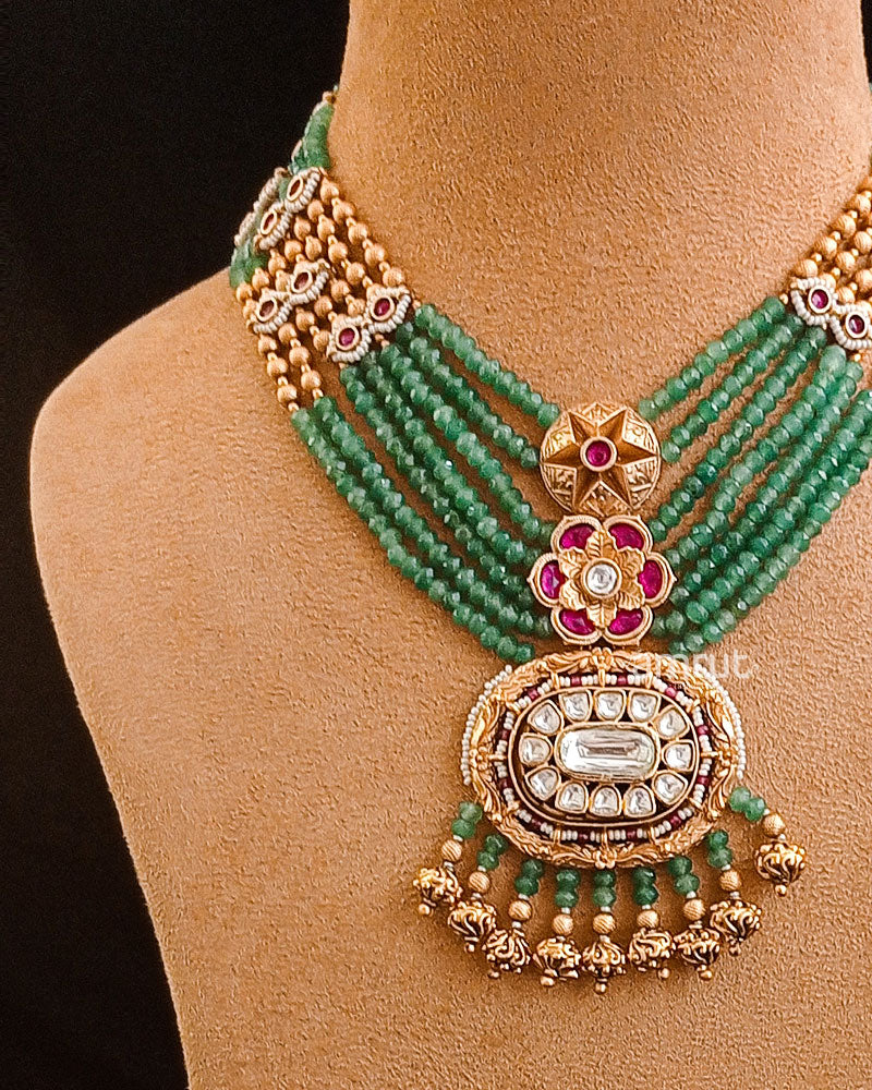 Gold Finish Layered Kundan Choker And Green Stone Necklace Set - Image 2