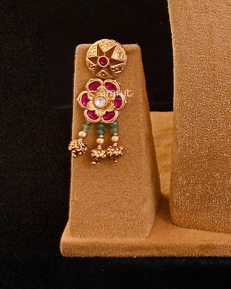 Gold Finish Layered Kundan Choker And Green Stone Necklace Set - Image 3