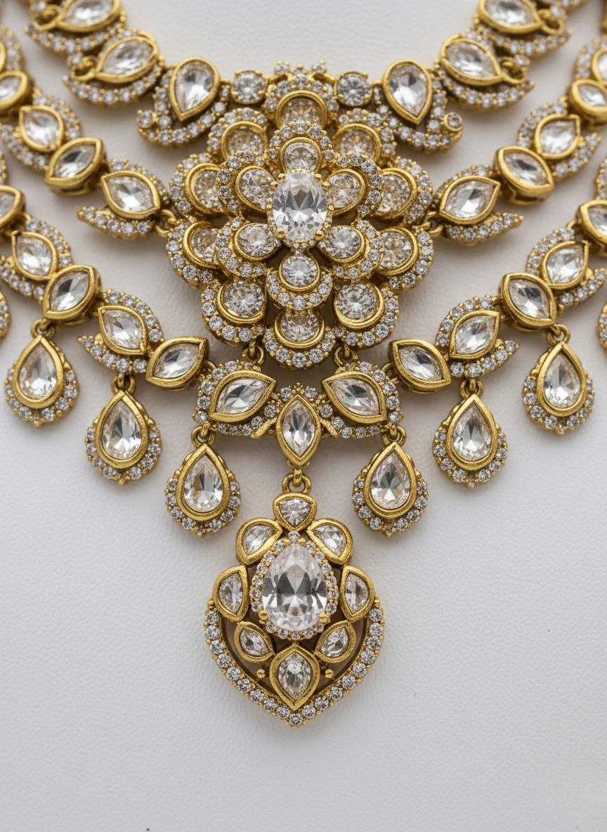 Gold Finish Multi-Layered Bridal Necklace Set with Stone - Image 3