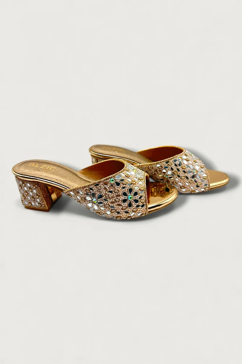 Gold Floral Embellished Block Heels Designer Festive & Wedding Footwear - Image 3
