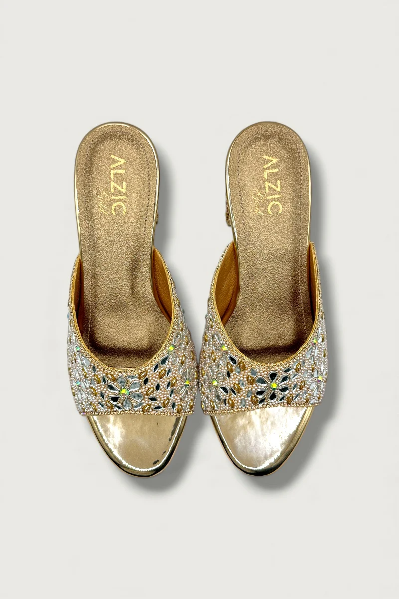 Gold Floral Embellished Block Heels Designer Festive & Wedding Footwear - Image 4