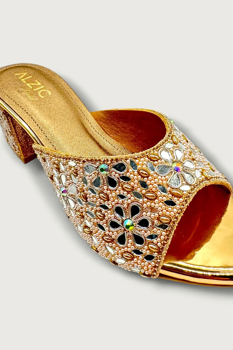 Gold Floral Embellished Block Heels Designer Festive & Wedding Footwear - Image 5